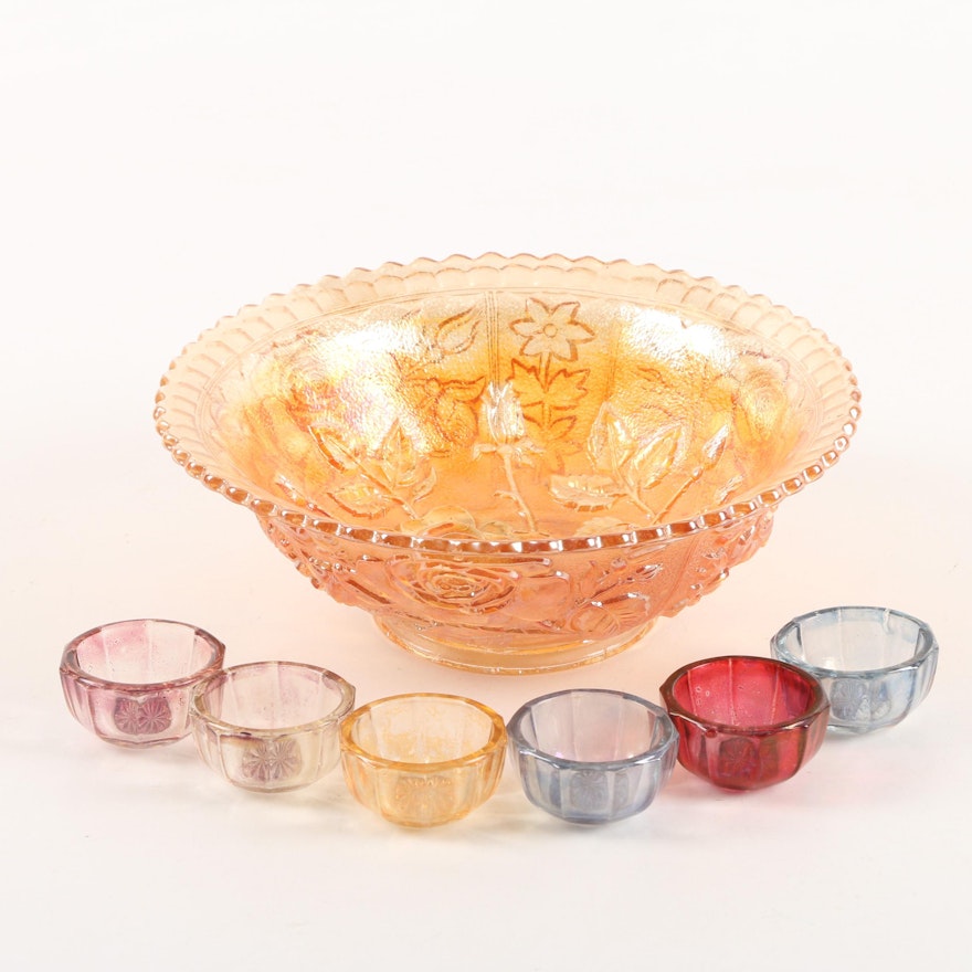 Imperial Glass-Ohio "Open Rose Marigold" Carnival Bowl and Salt Cellars