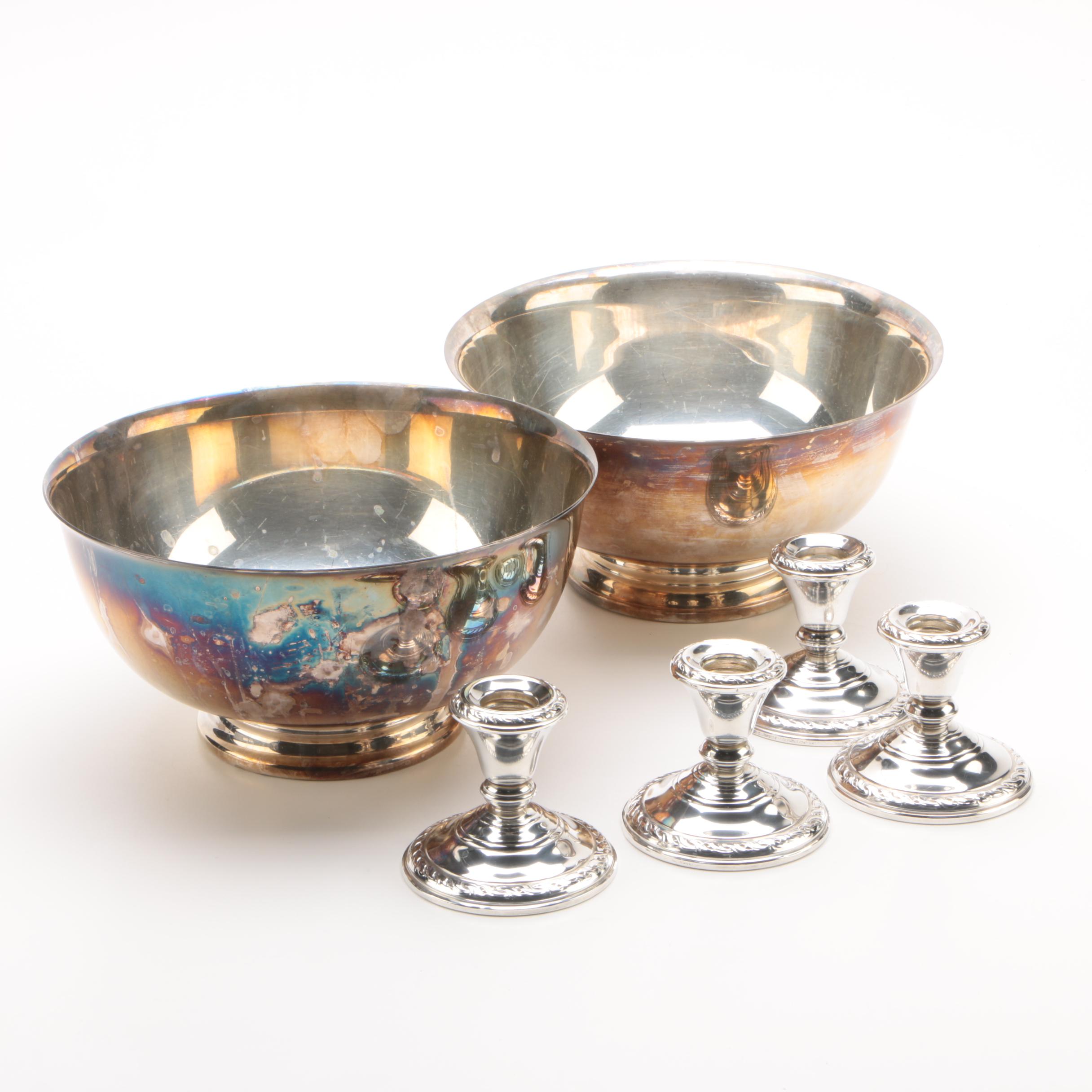 Amston Weighted Sterling Candleholders with Silver Plate Revere Style Bowls