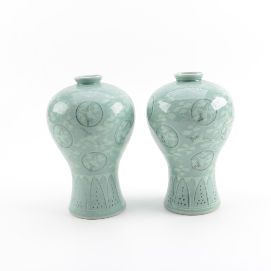 Korean Celadon Maebyeong Vases with Crane Motif