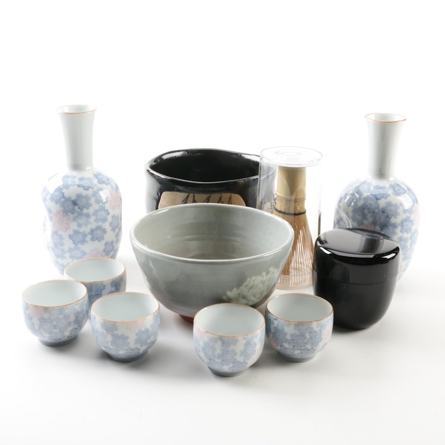 Japanese Ceramic Tea Bowls and Porcelain Sake Set