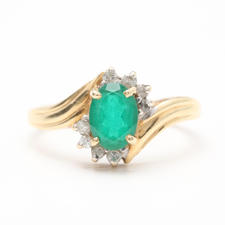 14K Yellow Gold Synthetic Emerald and Diamond Ring