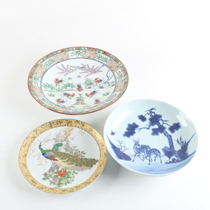 East Asian Decorative Bowls and Plate Including Hand-Painted