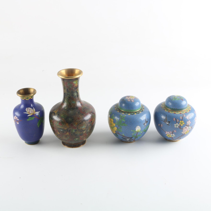 Chinese Cloisonne Bud Vases and Miniature Ginger Jars