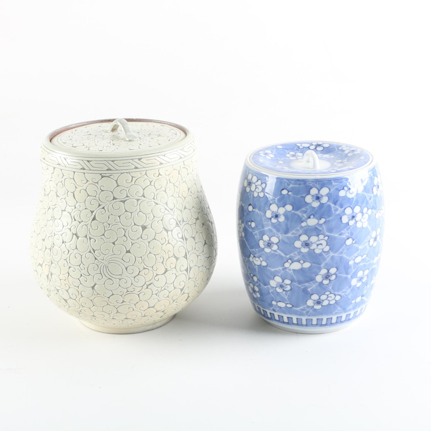 East Asian Blue and White Ceramic and Incised Stoneware Lidded Jars