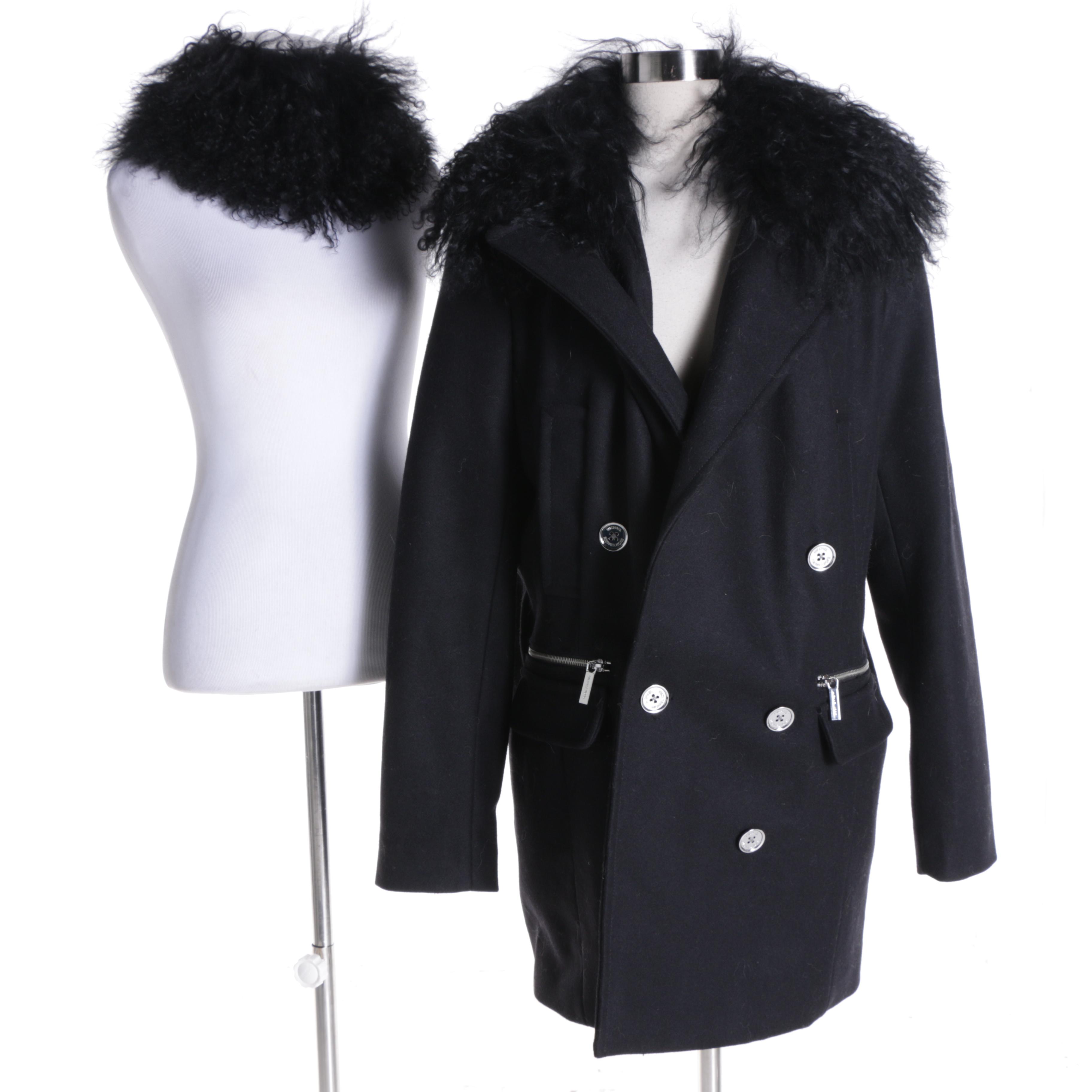 Women's MICHAEL Michael Kors Black Wool Coat with Mongolian Lamb Fur Collars