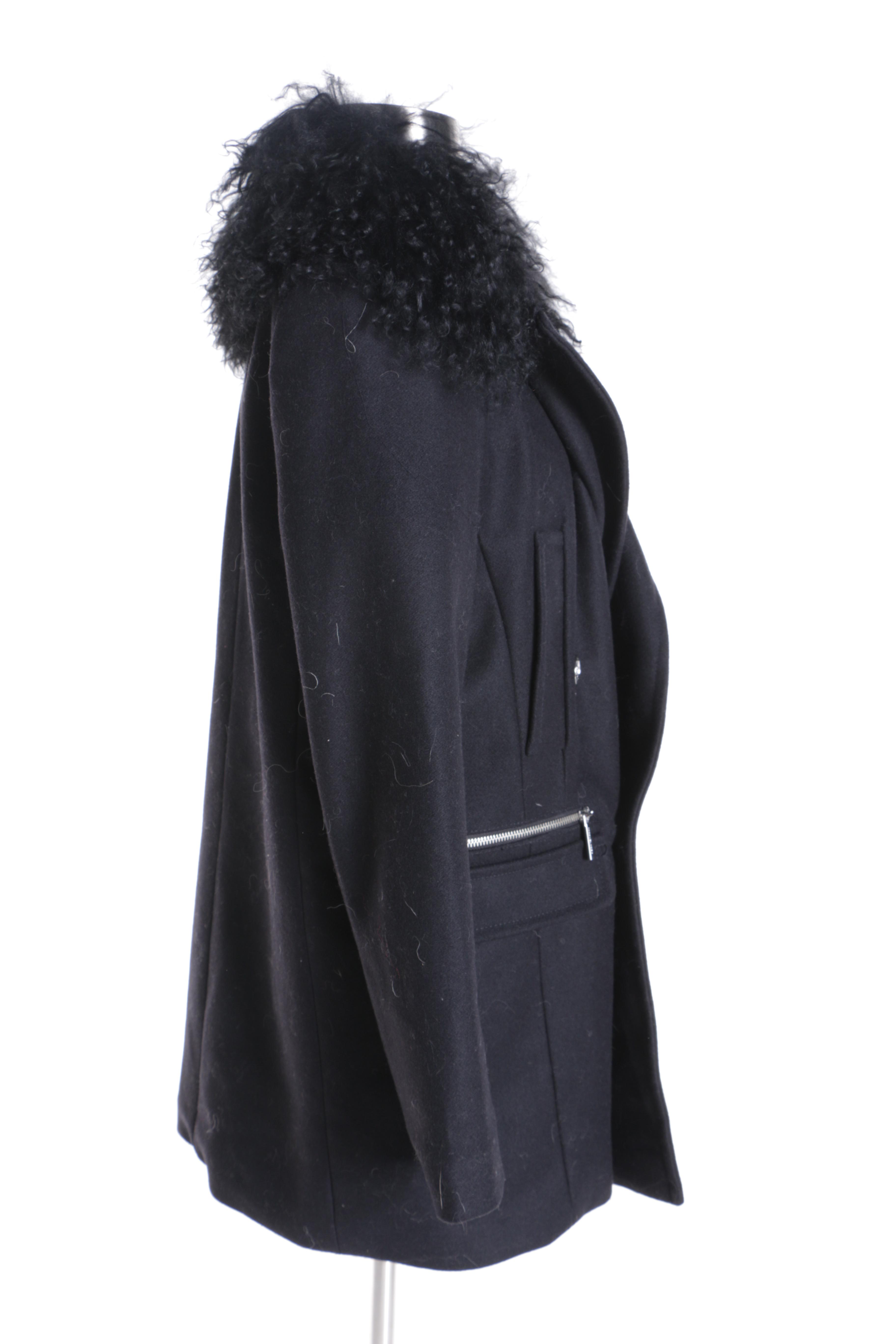 Women's MICHAEL Michael Kors Black Wool Coat with Mongolian Lamb Fur Collars