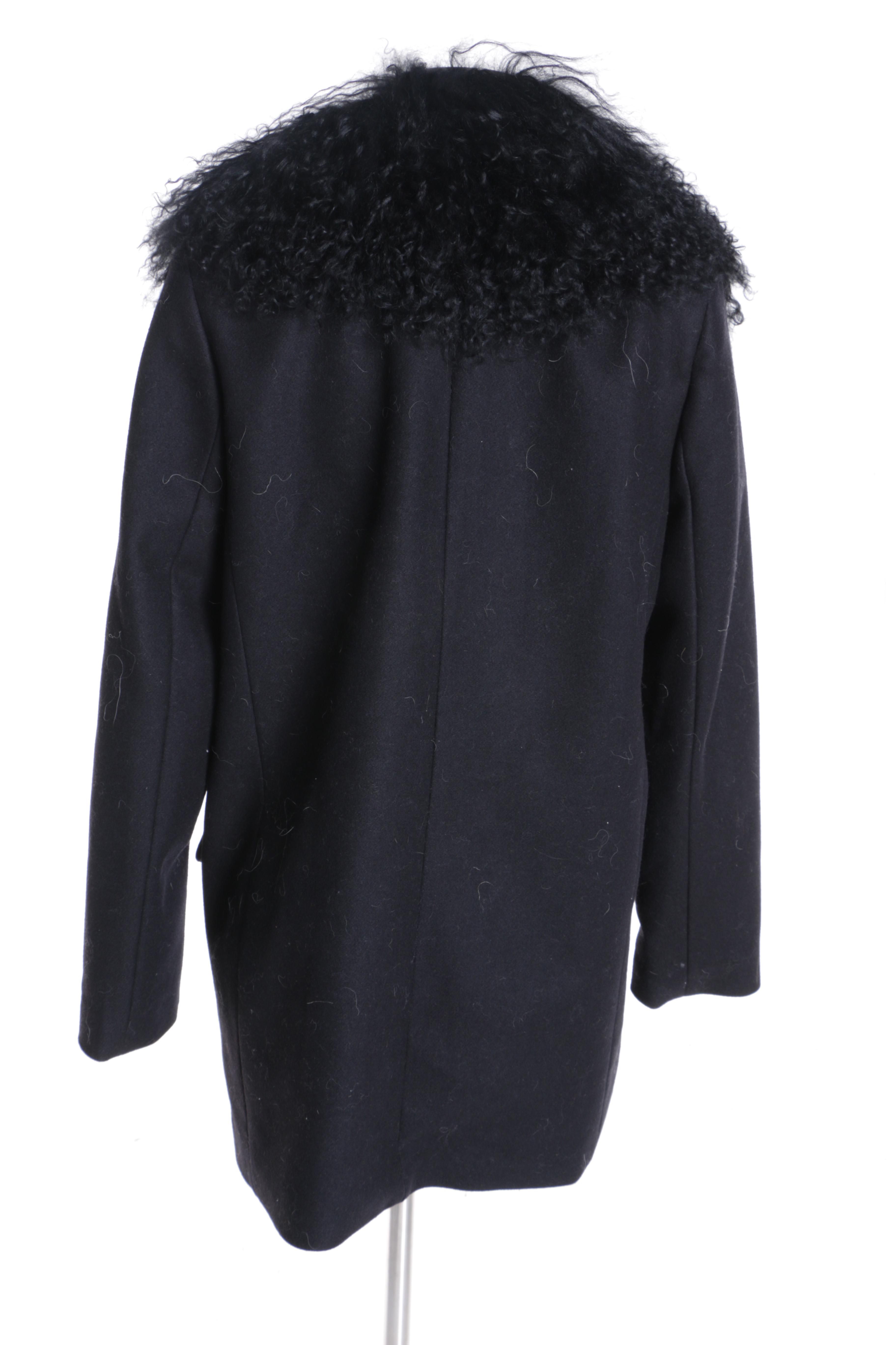Women's MICHAEL Michael Kors Black Wool Coat with Mongolian Lamb Fur Collars