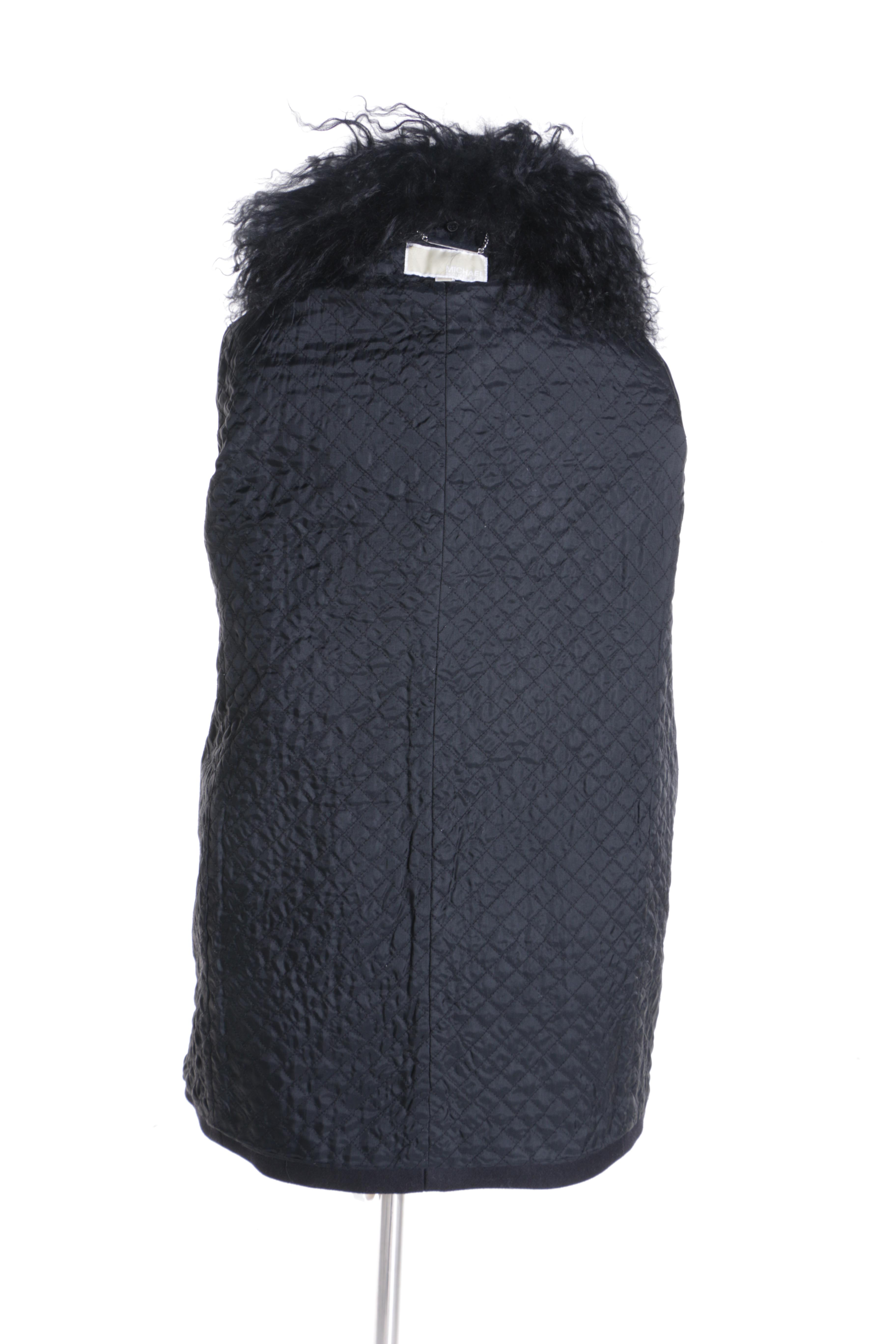 Women's MICHAEL Michael Kors Black Wool Coat with Mongolian Lamb Fur Collars