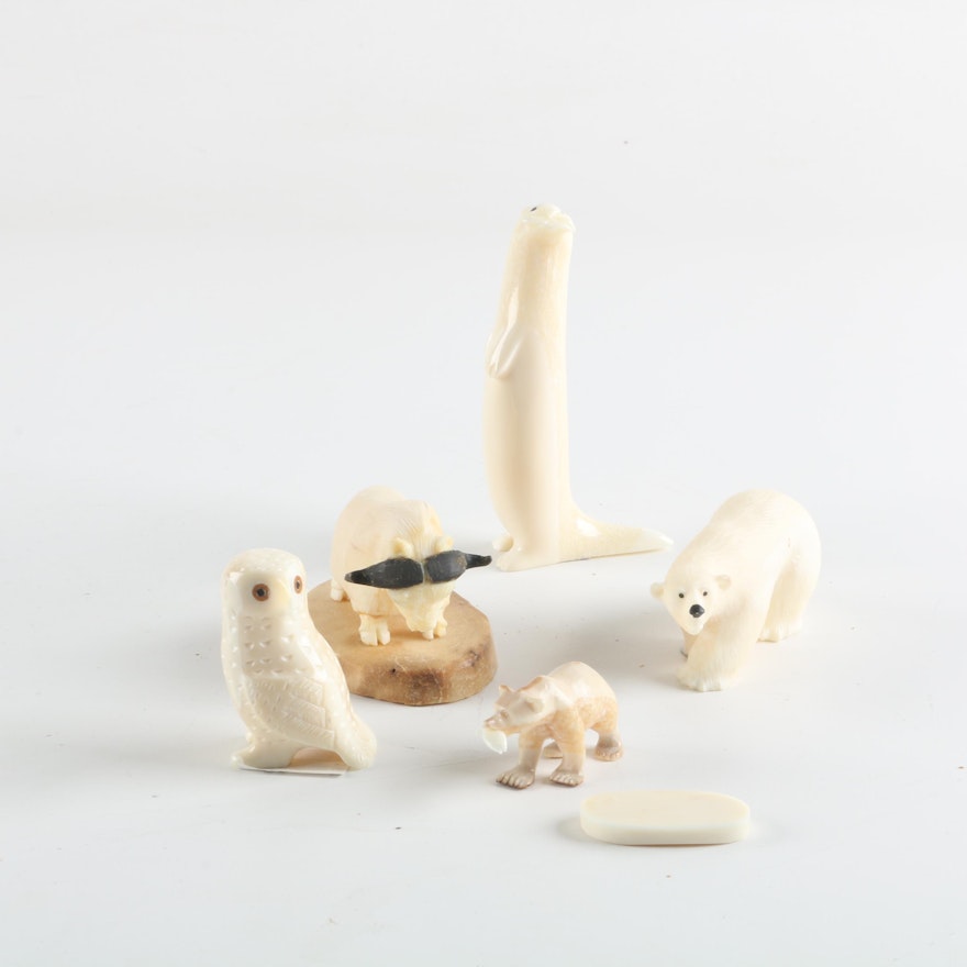 Signed Yu'pik Carved Walrus Bone Figurines