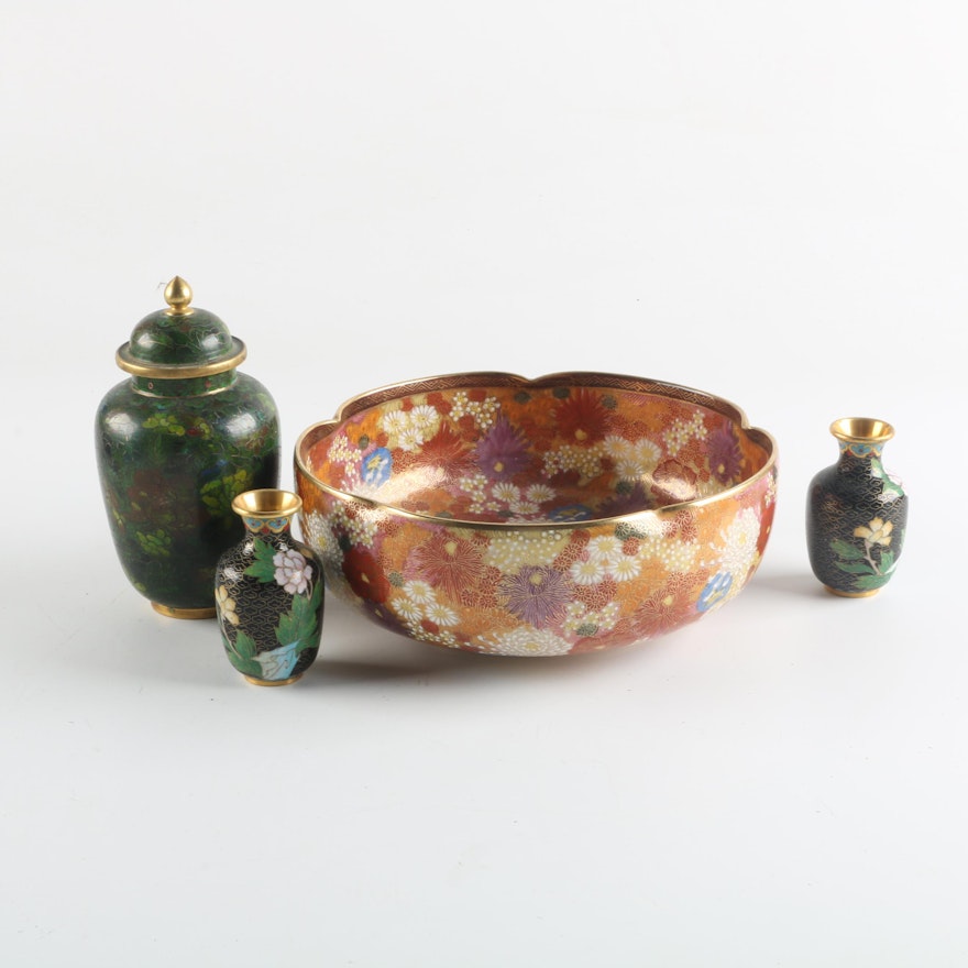 Japanese Satsuma Centerpiece Bowl with Chinese Cloisonné Urn and Vases