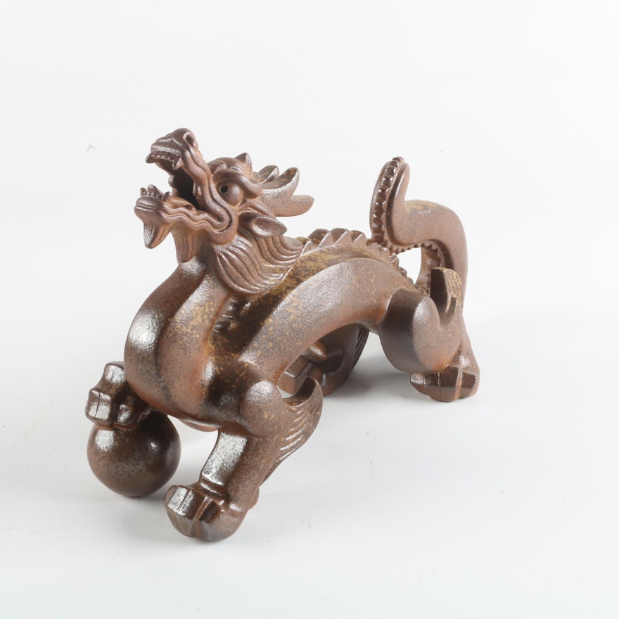 Signed Chinese Dragon Stoneware Figurine