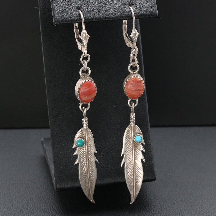 Southwestern Style Sterling Spiny Oyster, Chalcedony, and Turquoise Earrings