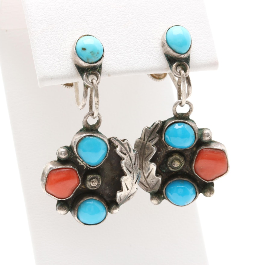 Vintage Southwest Style Sterling Silver Turquoise and Coral Earrings
