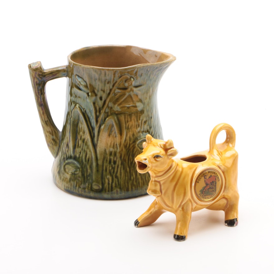 Ceramic Pitchers Including Figural Cow Creamer