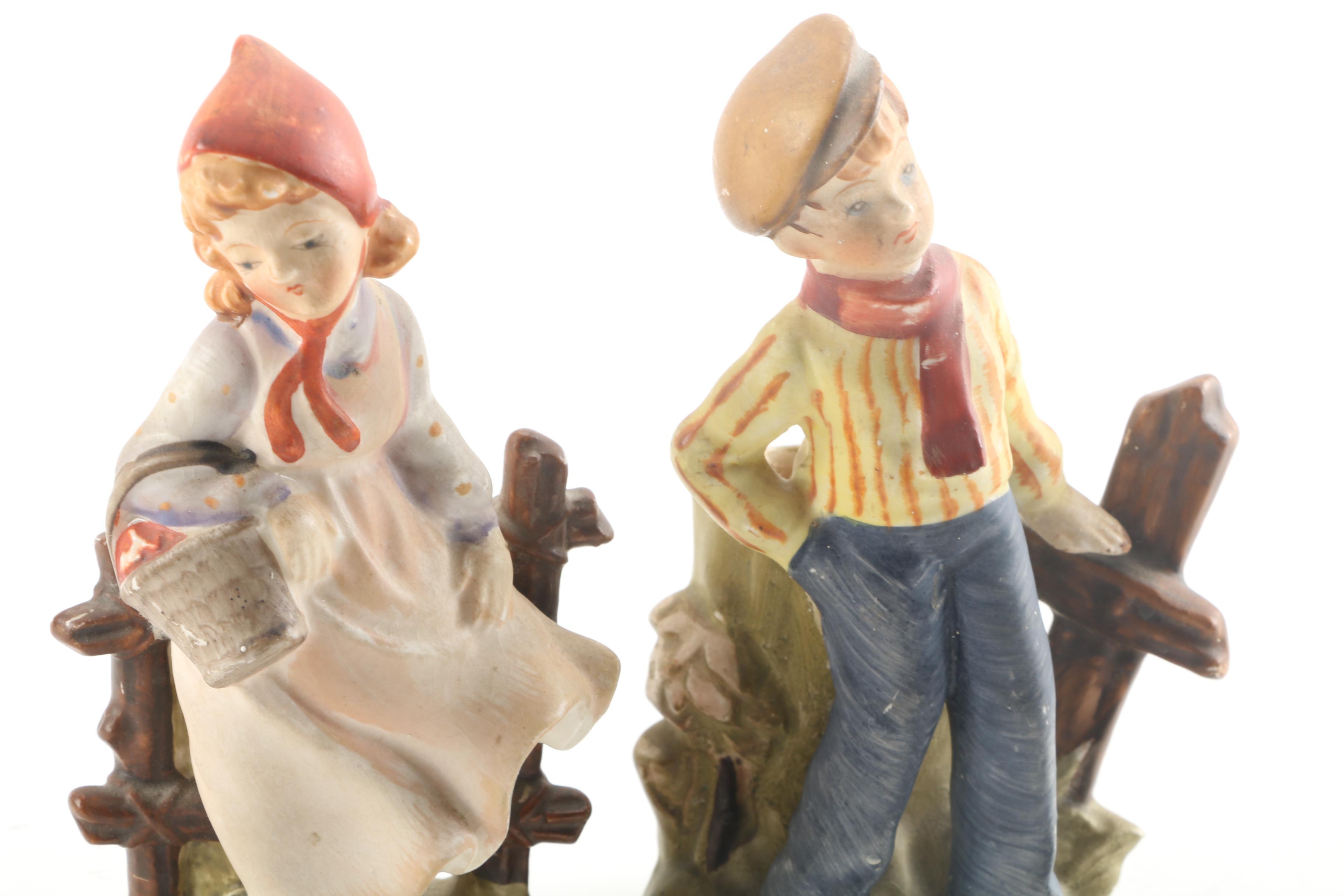 Vintage Japanese Hand-Painted Figurative Porcelain Spill Vases