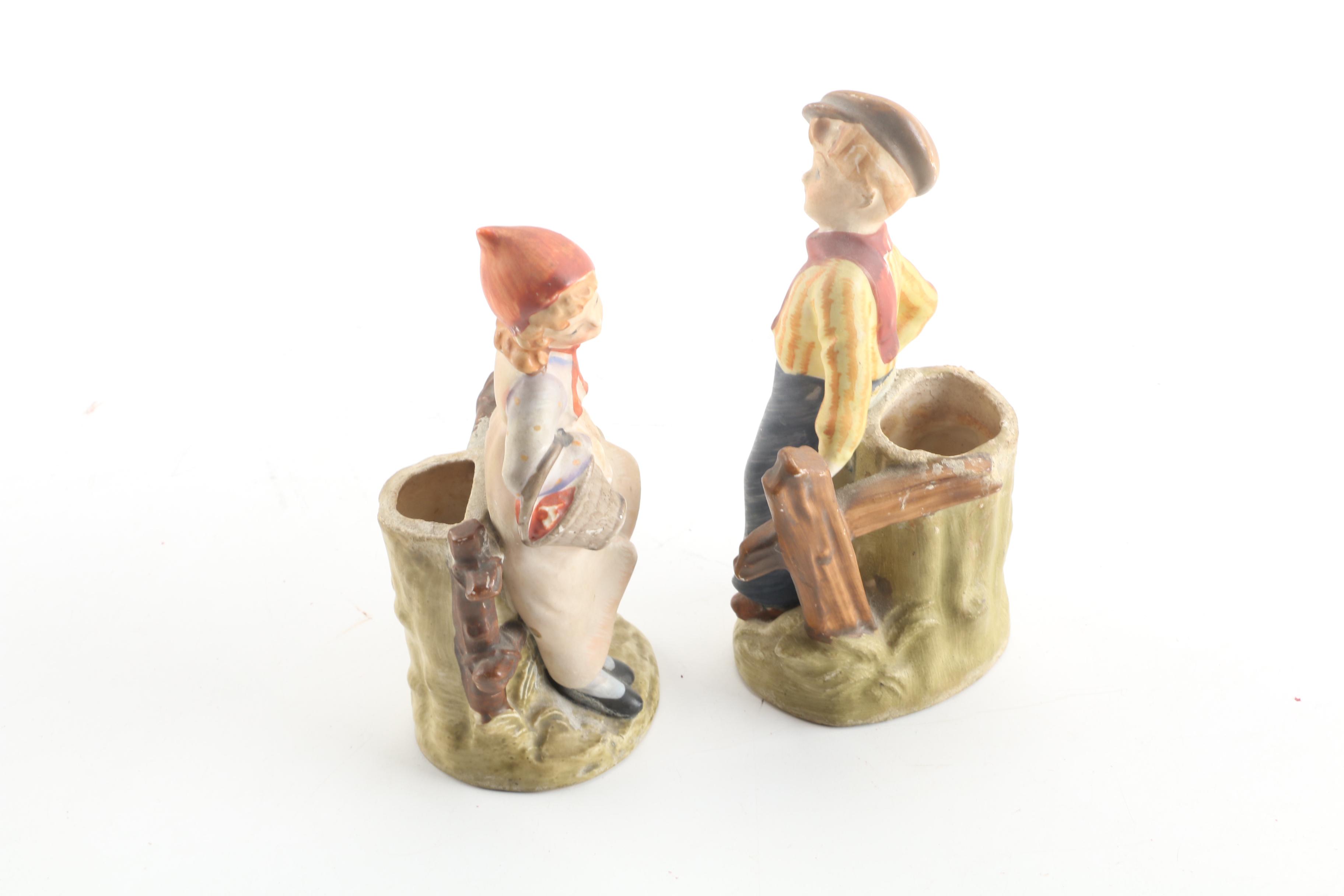 Vintage Japanese Hand-Painted Figurative Porcelain Spill Vases