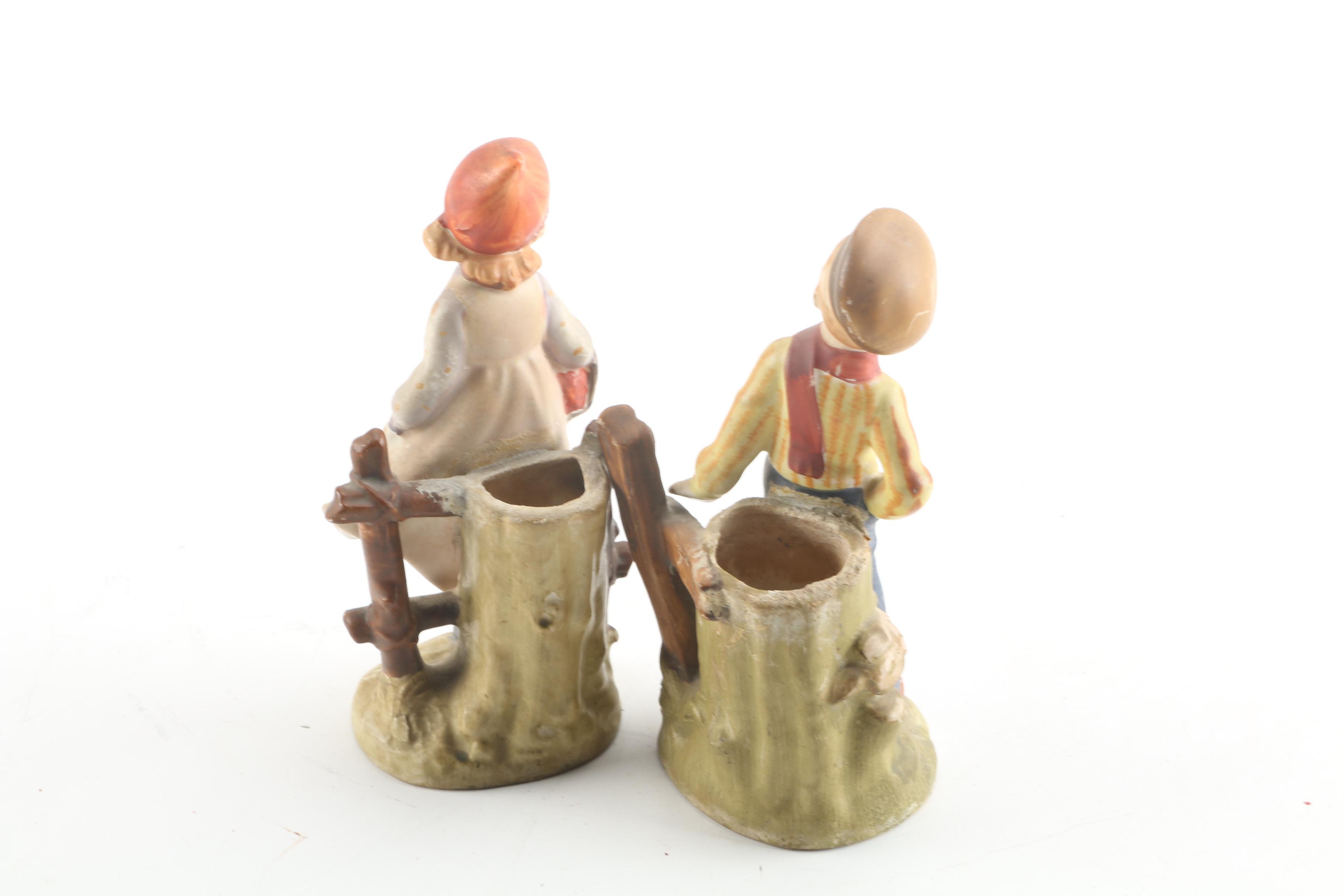 Vintage Japanese Hand-Painted Figurative Porcelain Spill Vases