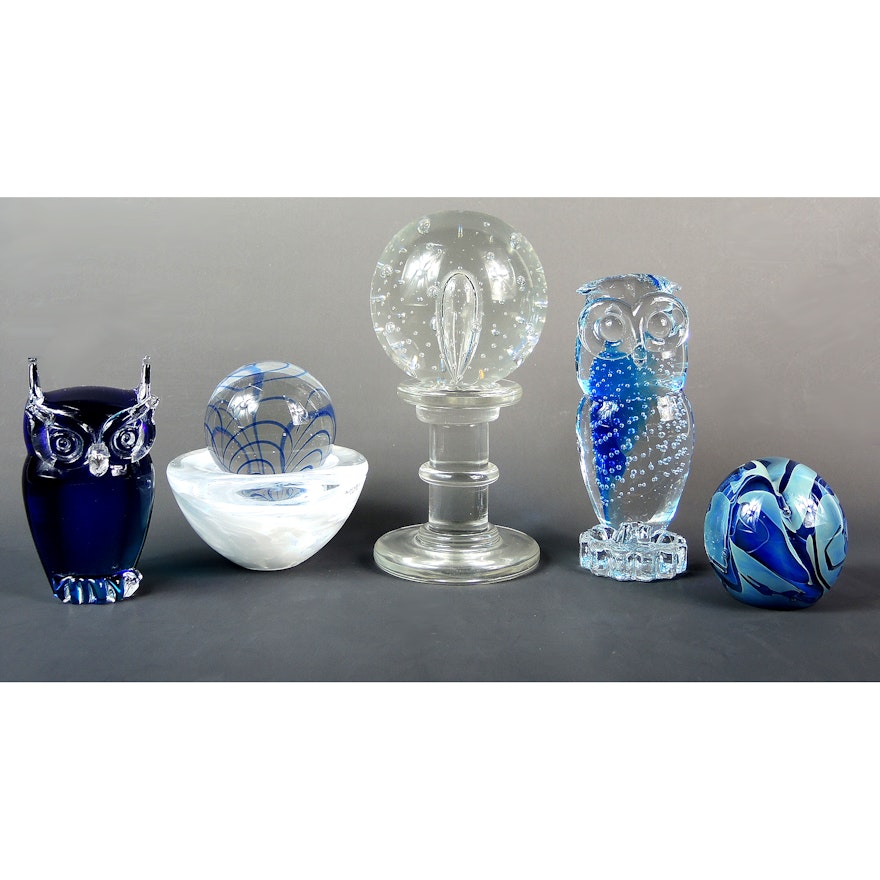 Blown Glass Orb on Stand, Owl Figures, Paperweights and Kosta Boda Bowl