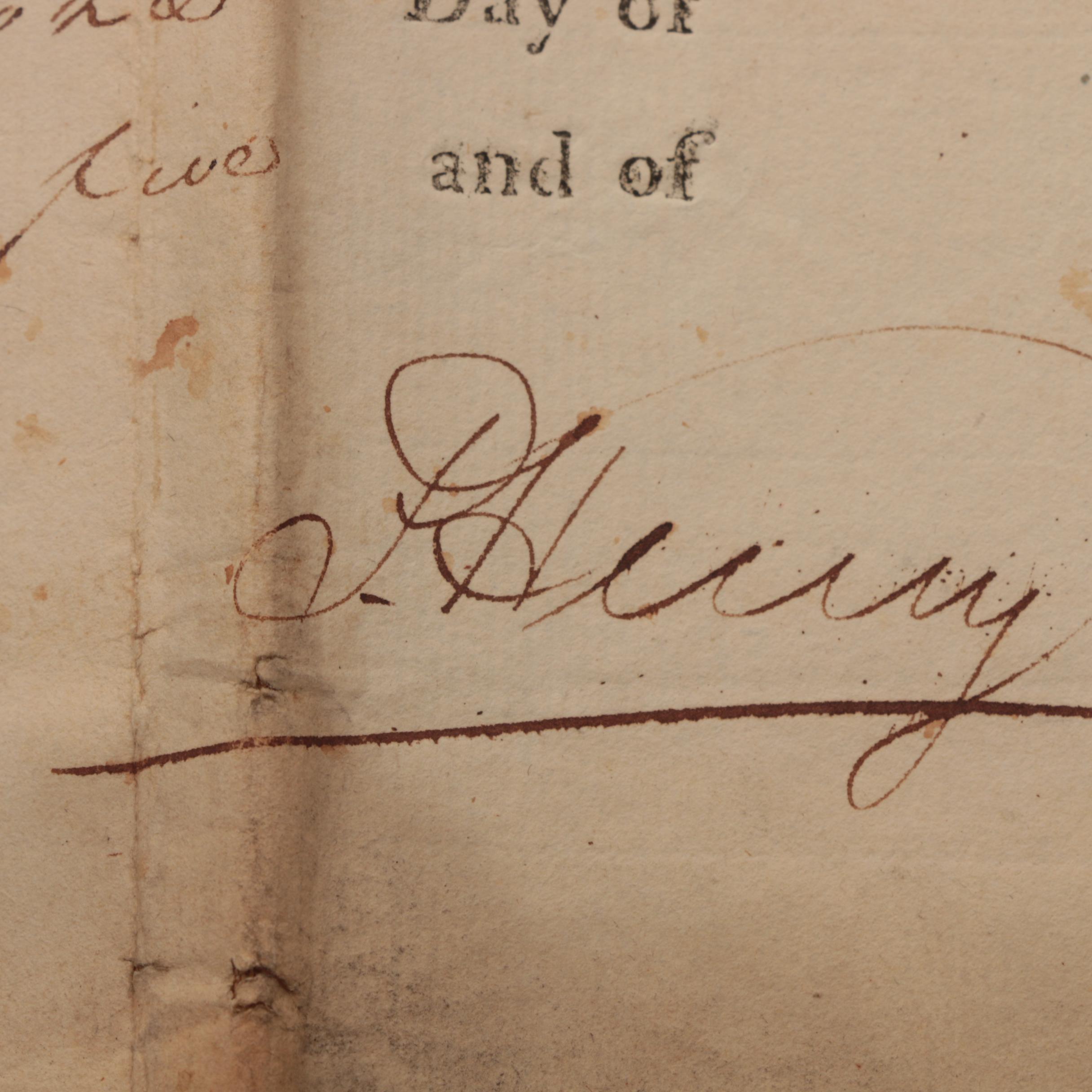 1785 Patrick Henry Signed Document, as Governor of Virginia