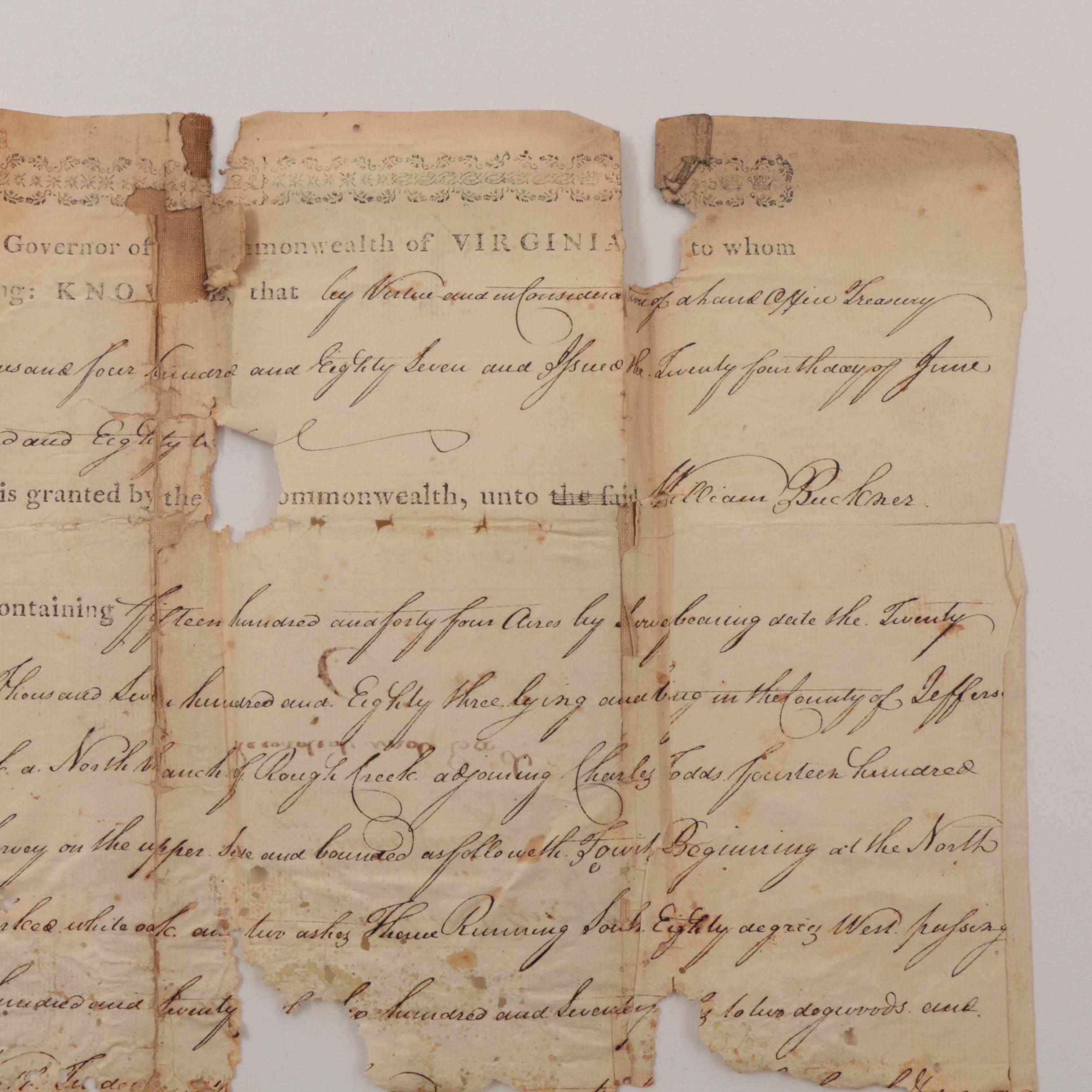 1785 Patrick Henry Signed Document, as Governor of Virginia