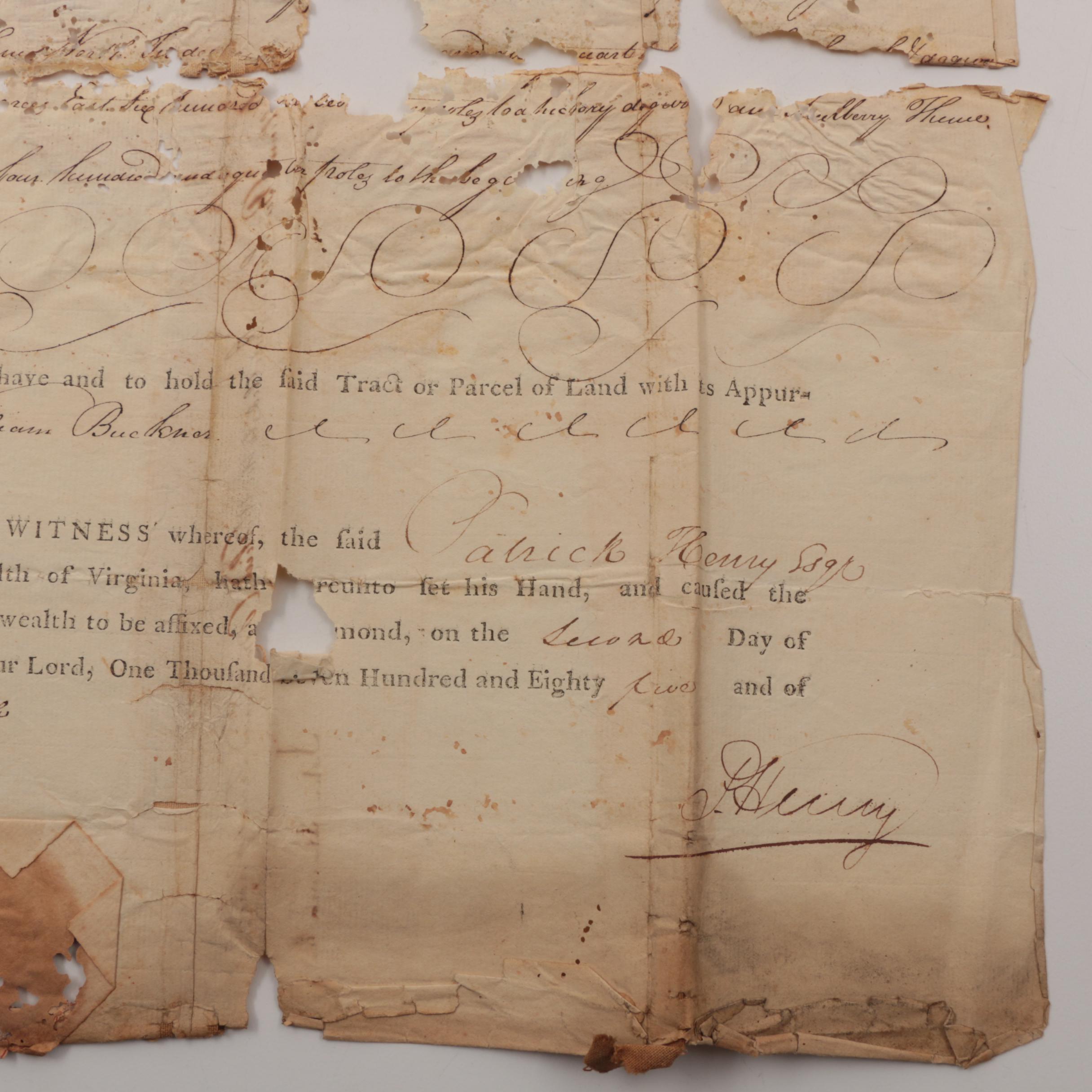 1785 Patrick Henry Signed Document, as Governor of Virginia