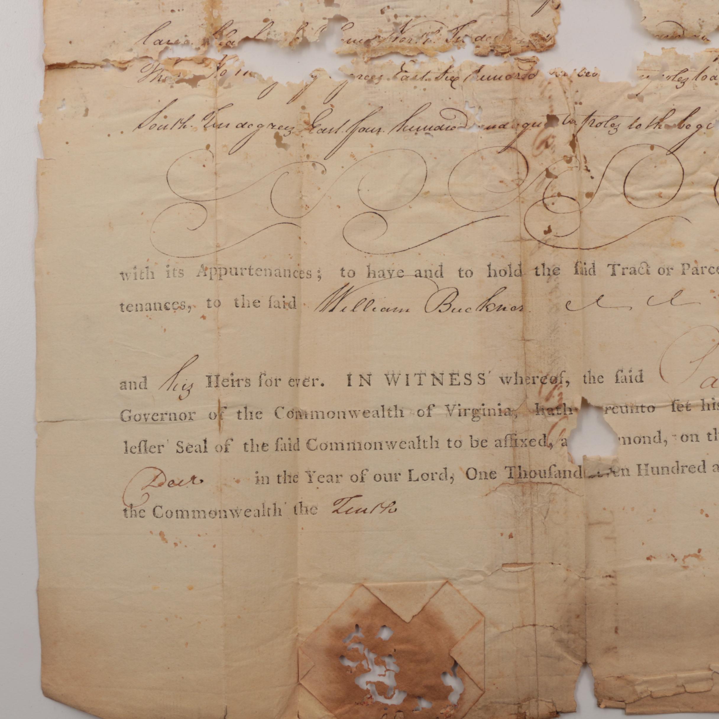 1785 Patrick Henry Signed Document, as Governor of Virginia