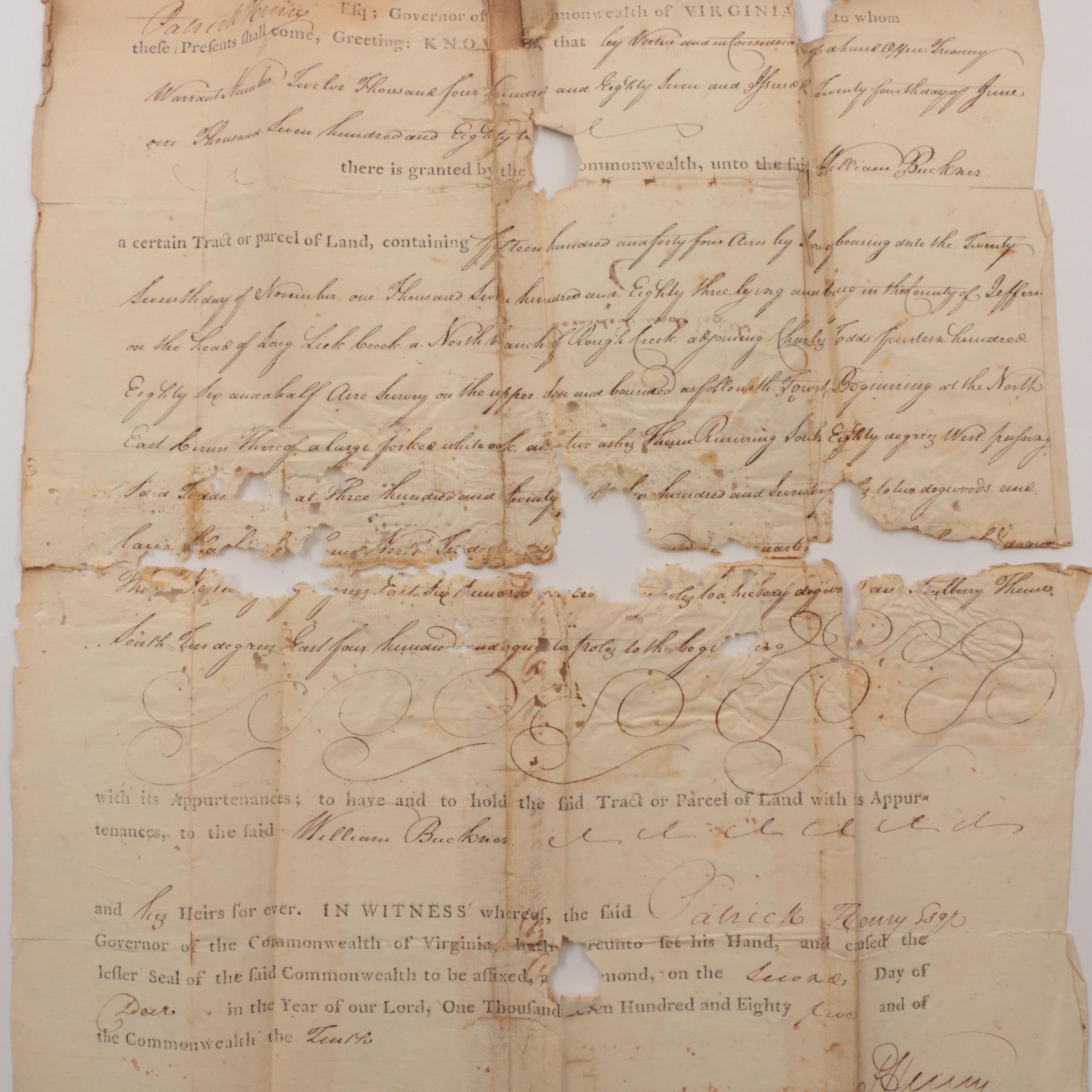 1785 Patrick Henry Signed Document, as Governor of Virginia
