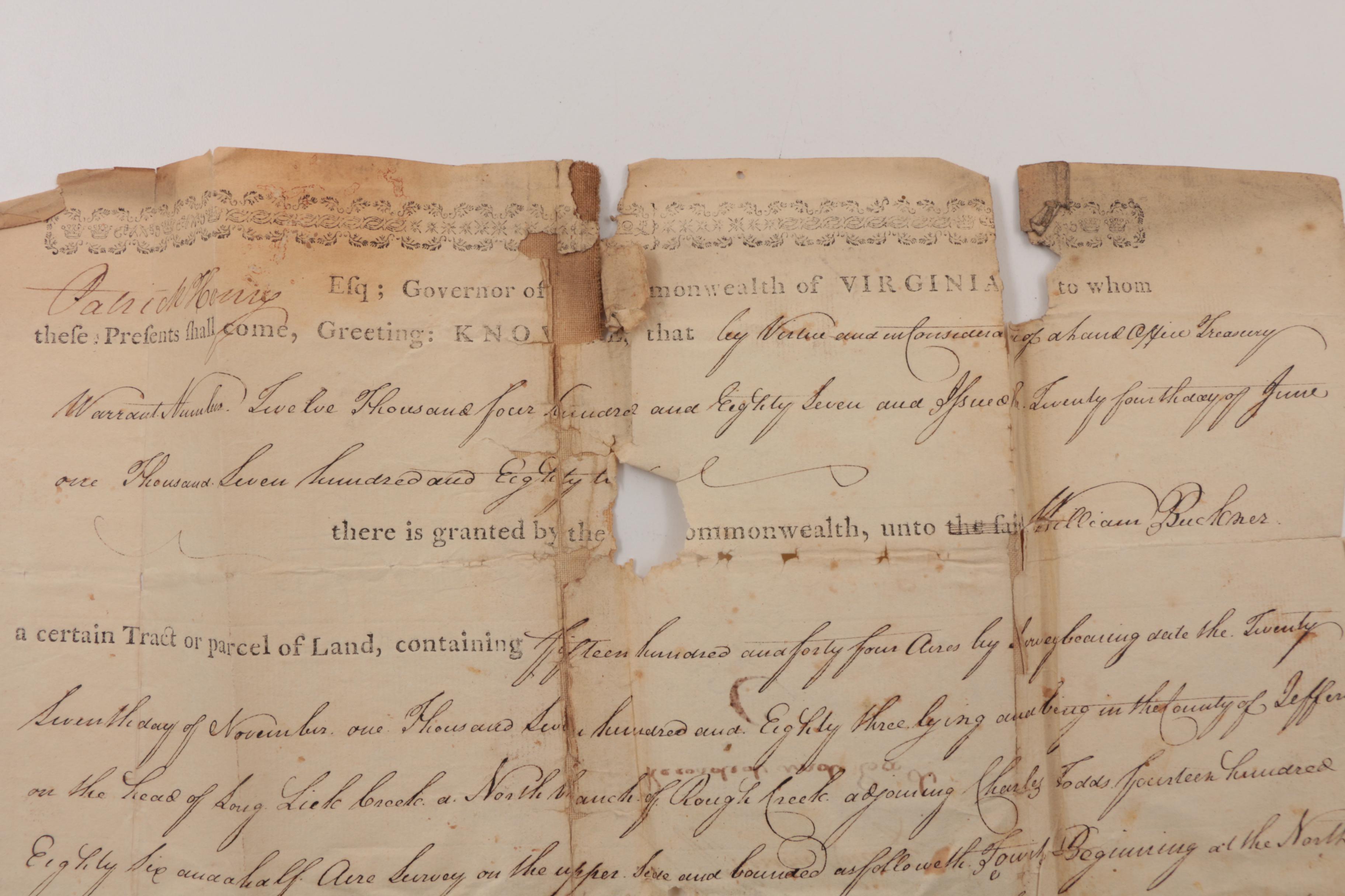 1785 Patrick Henry Signed Document, as Governor of Virginia
