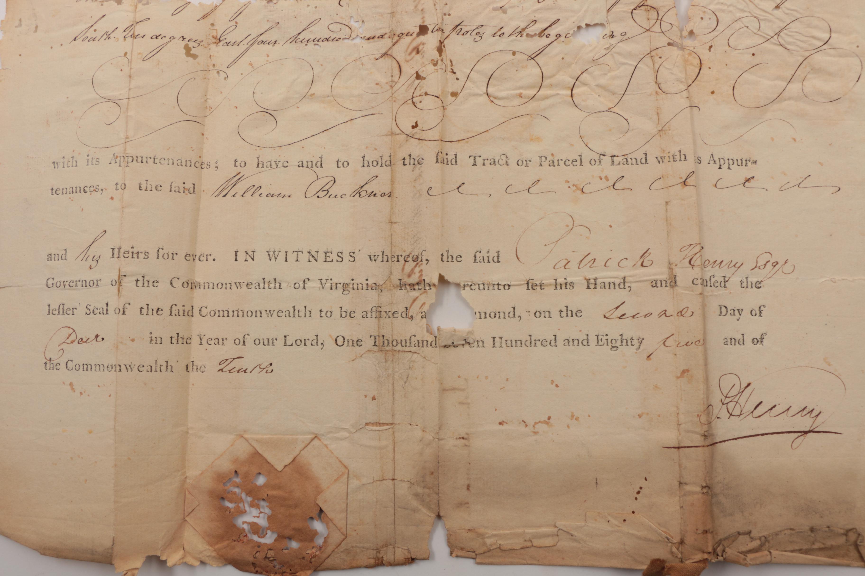 1785 Patrick Henry Signed Document, as Governor of Virginia