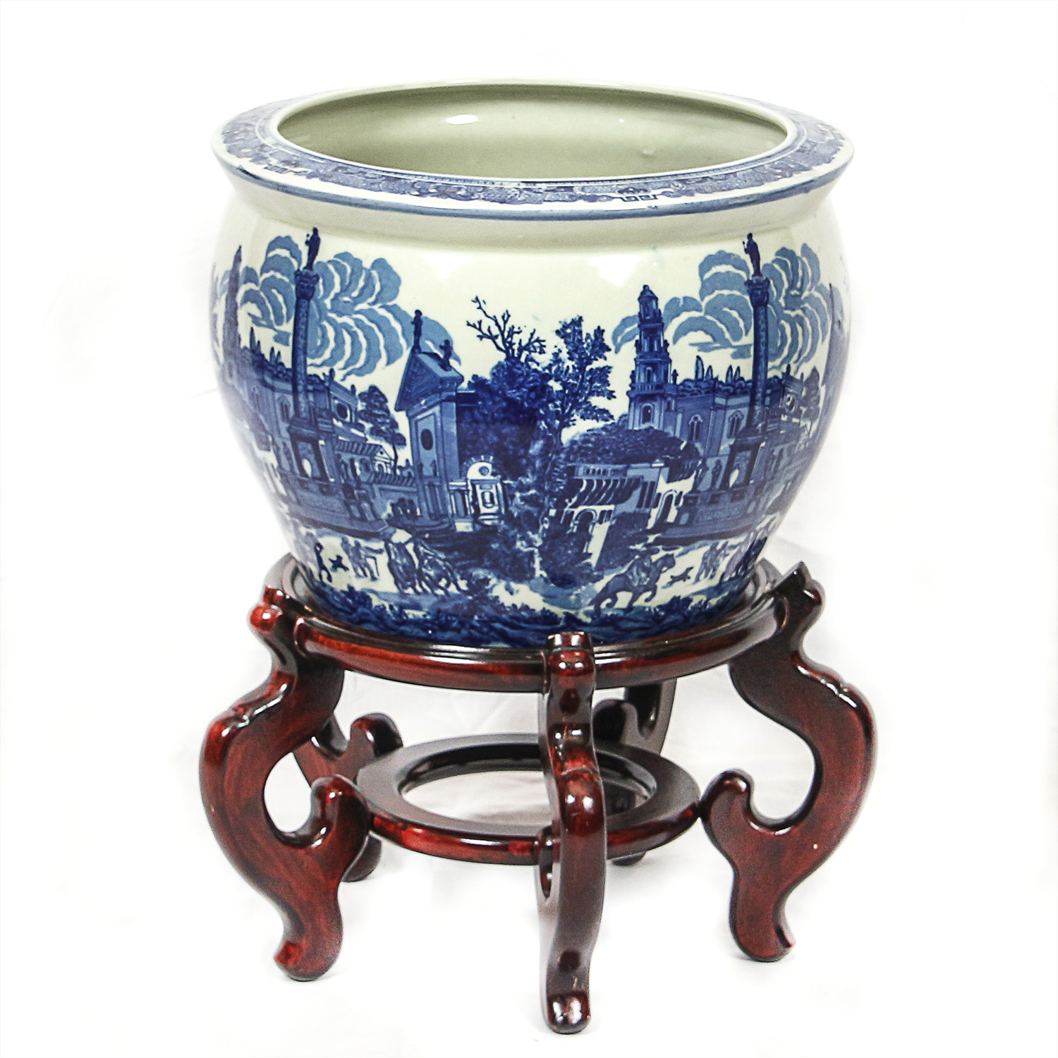 Asian Inspired Blue and White Transferware Porcelain Planter with Wooden Stand