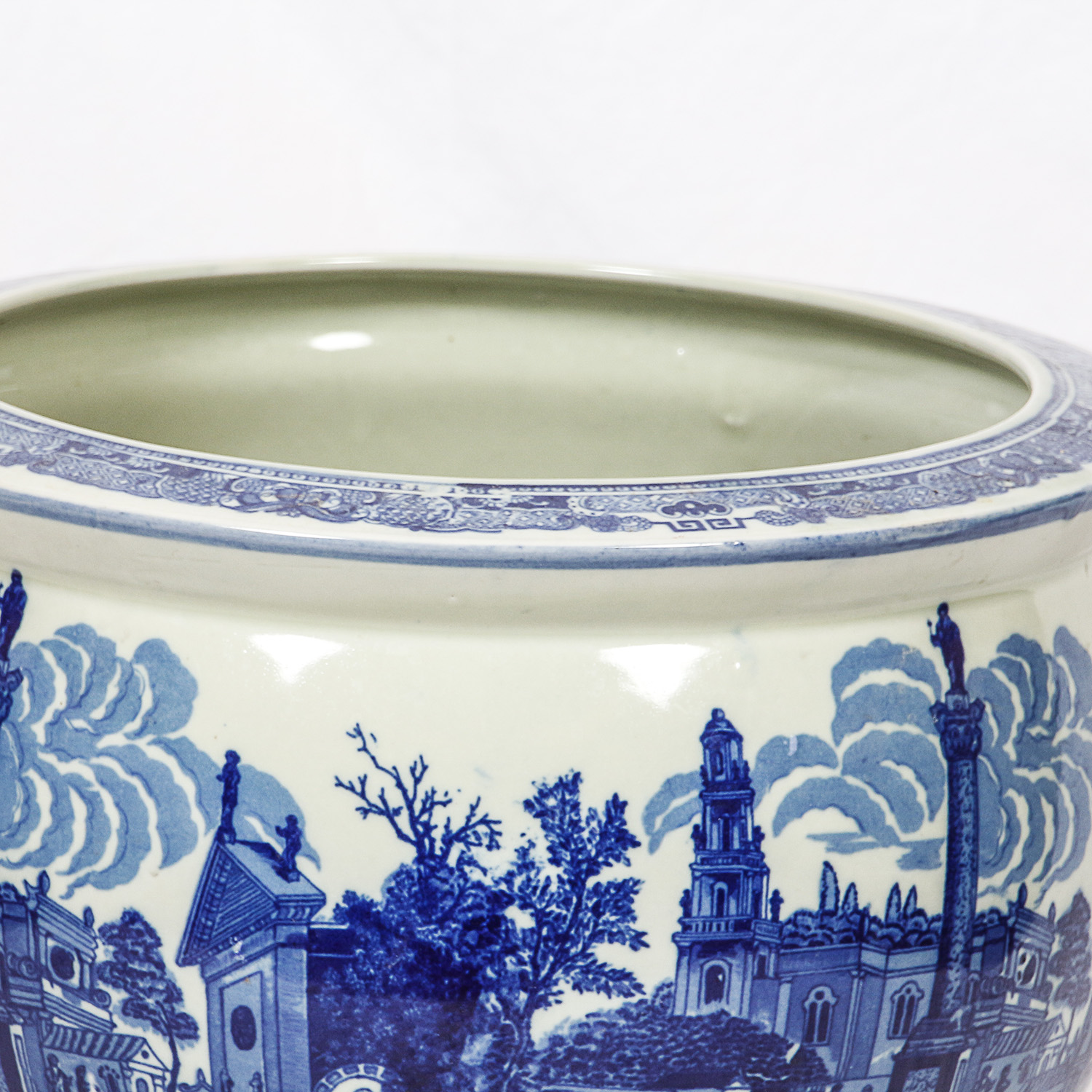 Asian Inspired Blue and White Transferware Porcelain Planter with Wooden Stand