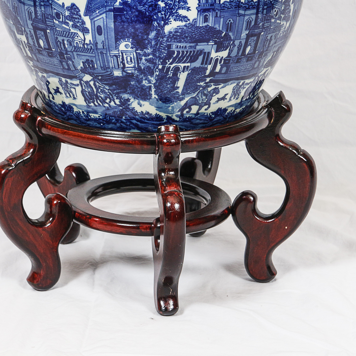 Asian Inspired Blue and White Transferware Porcelain Planter with Wooden Stand