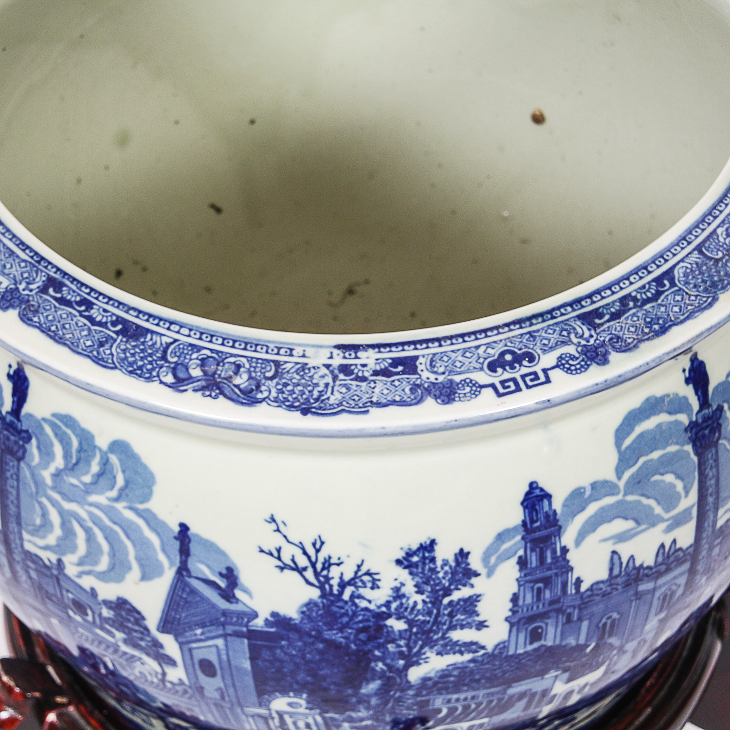 Asian Inspired Blue and White Transferware Porcelain Planter with Wooden Stand