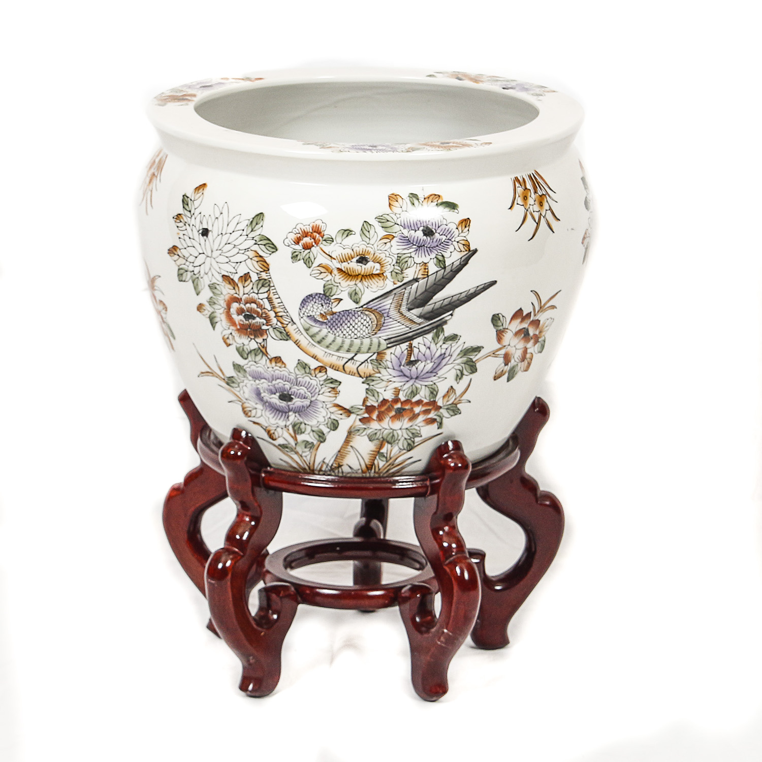Chinese Hand-Painted Floral and Avian Themed Porcelain Planter with Wooden Stand