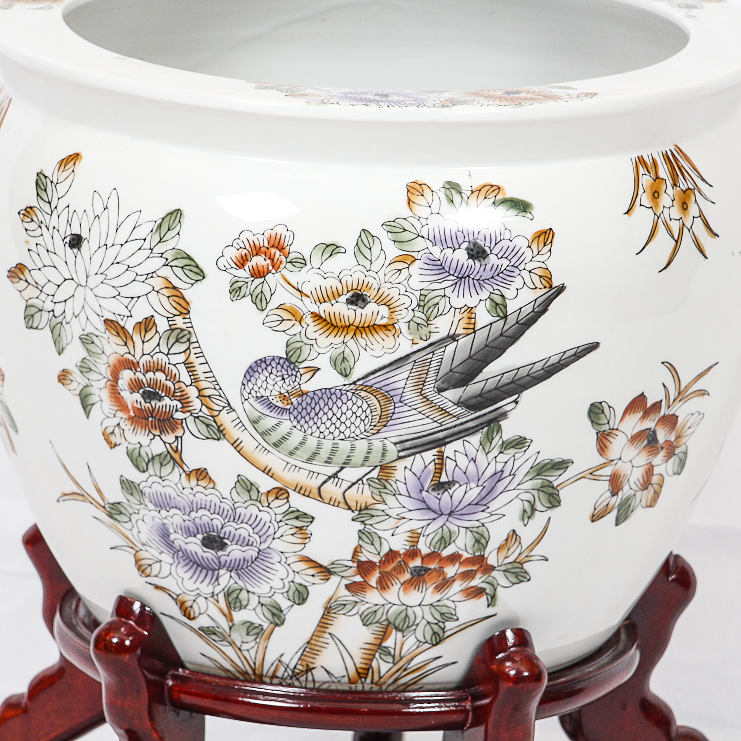 Chinese Hand-Painted Floral and Avian Themed Porcelain Planter with Wooden Stand