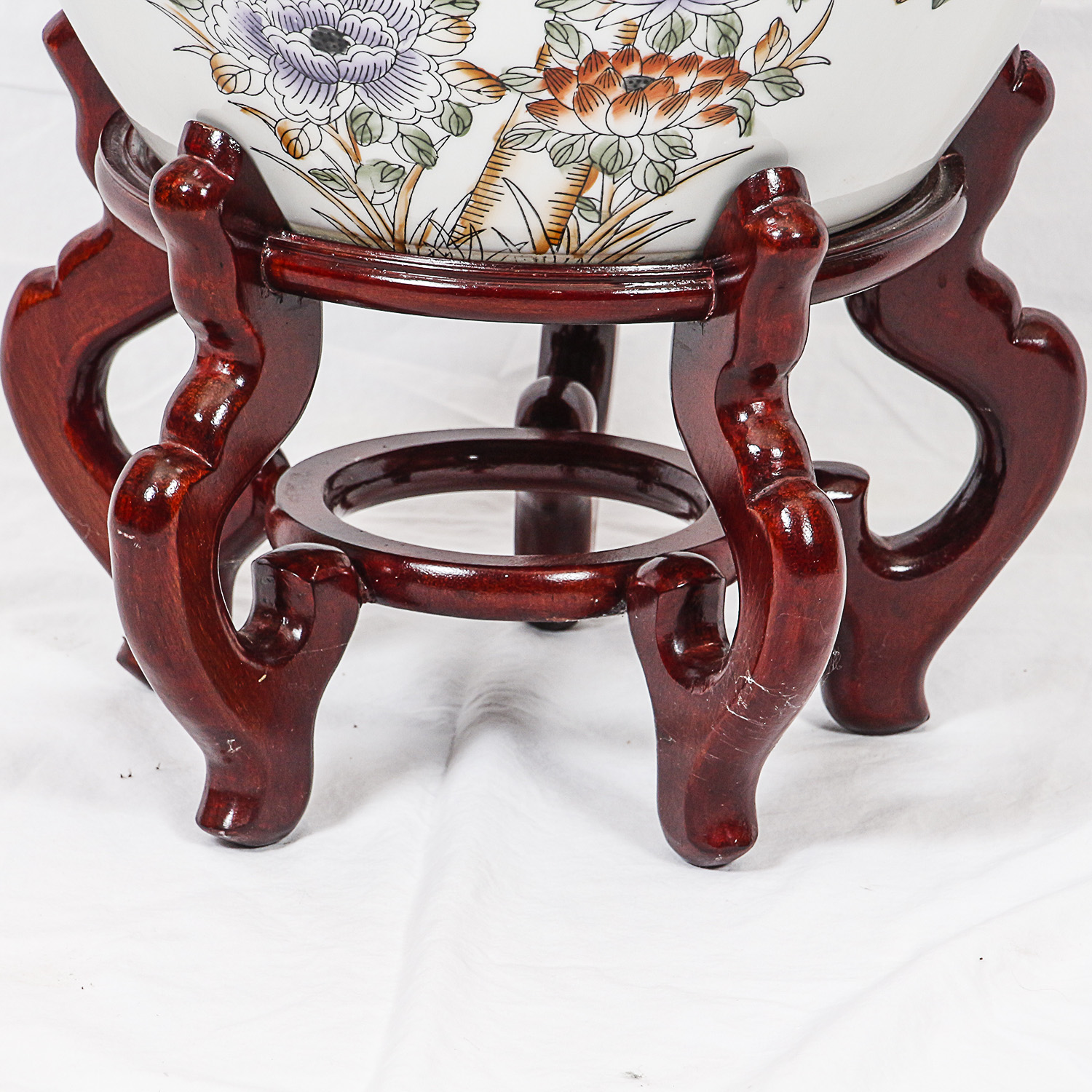 Chinese Hand-Painted Floral and Avian Themed Porcelain Planter with Wooden Stand