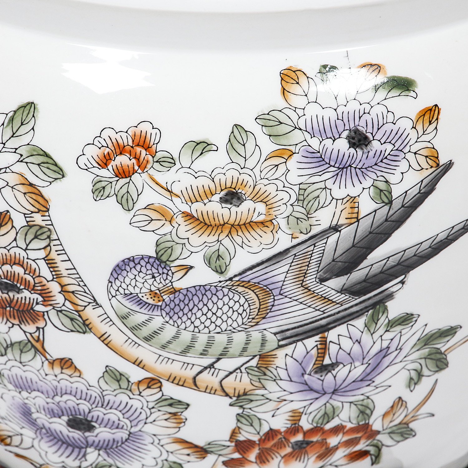 Chinese Hand-Painted Floral and Avian Themed Porcelain Planter with Wooden Stand