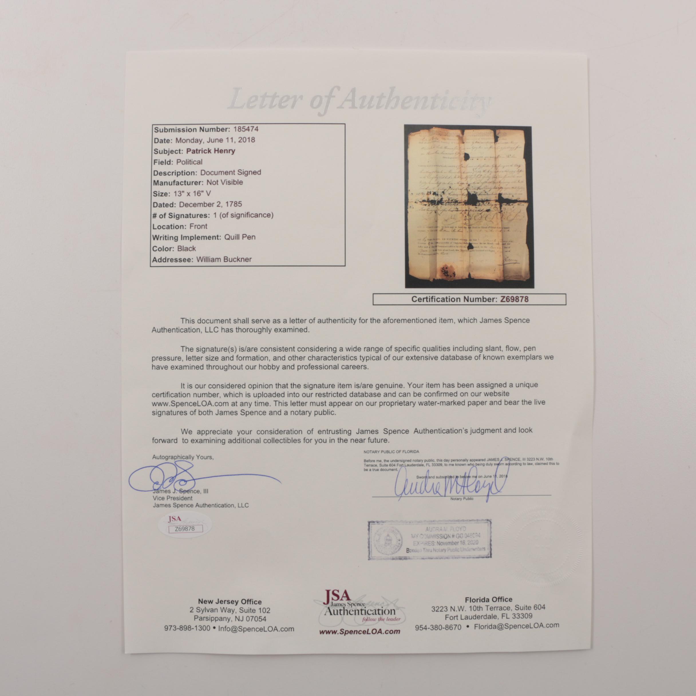 1785 Patrick Henry Signed Document, as Governor of Virginia