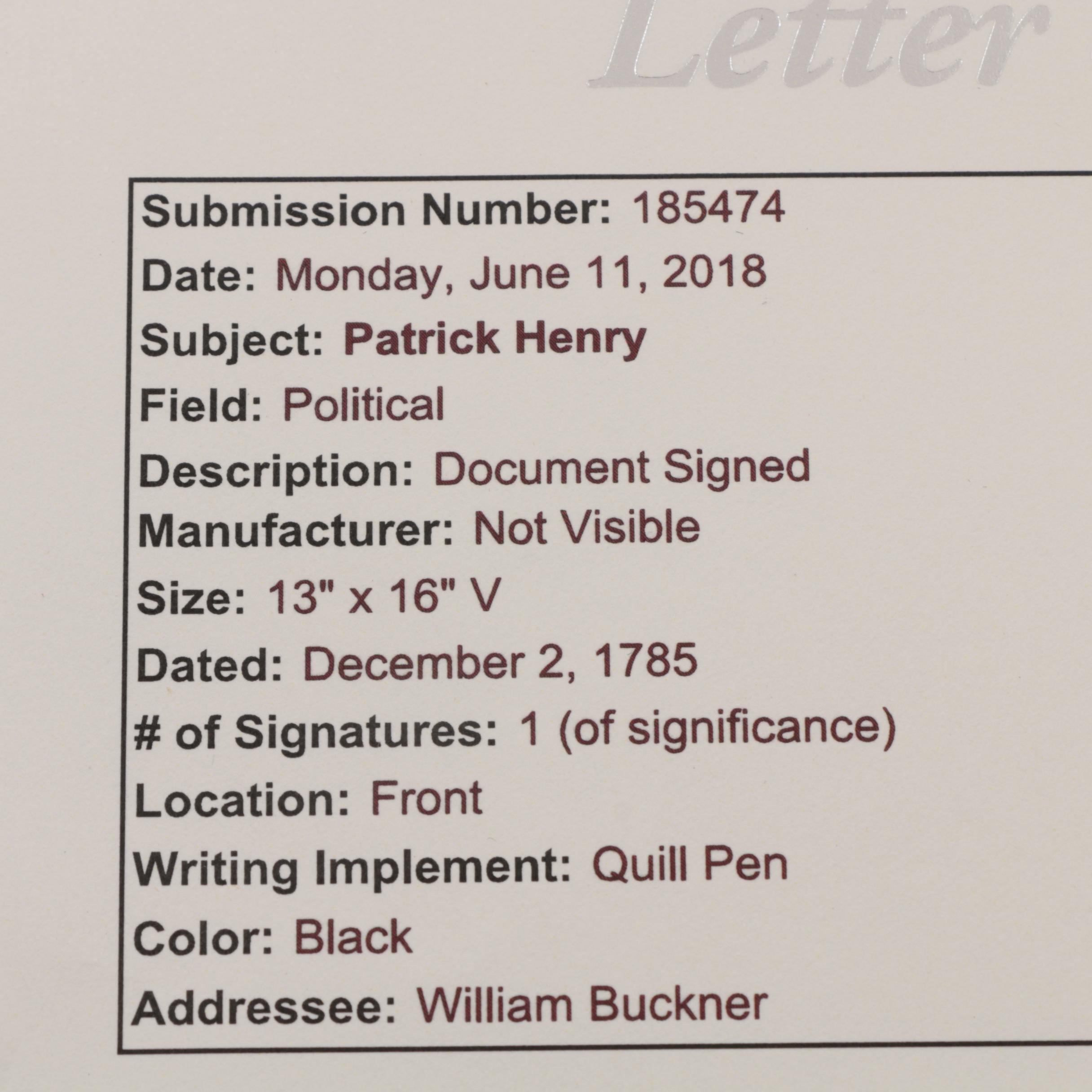 1785 Patrick Henry Signed Document, as Governor of Virginia