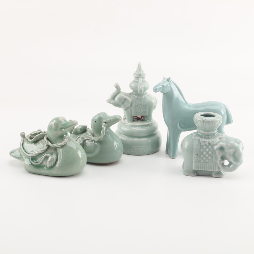 East Asian Celadon Ceramic Decor Featuring Duck Incense Holders