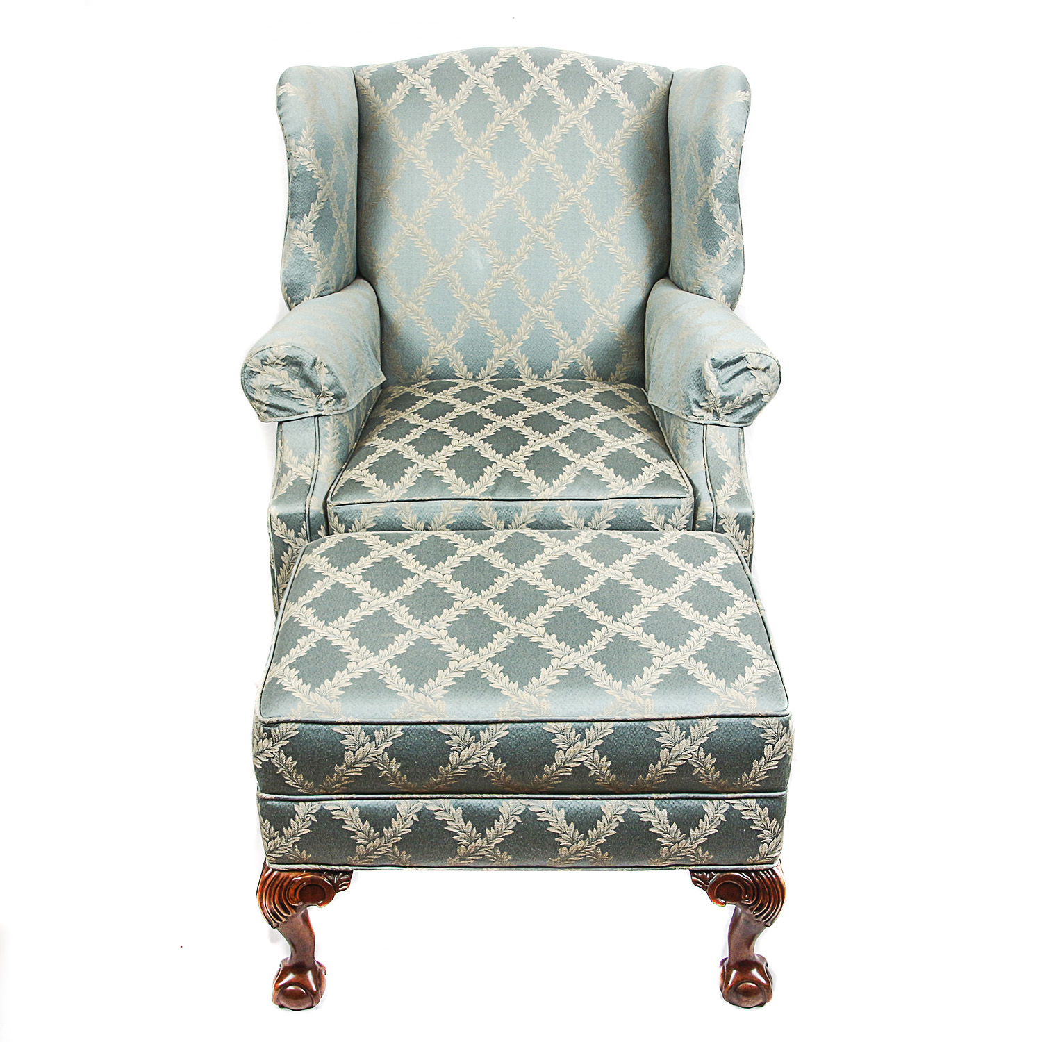 Blue Upholstered Wingback Chair and Ottoman