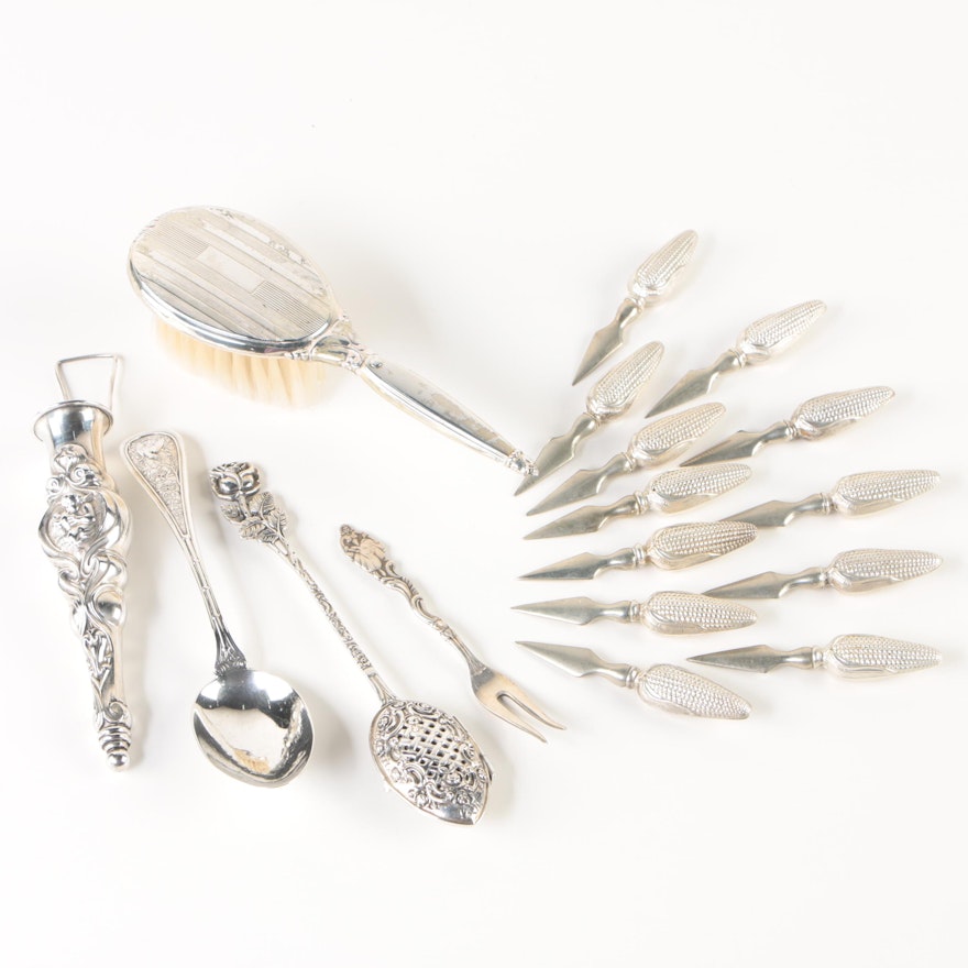Web Sterling Silver Baby Brush with Sterling Flatware and Posy Holder