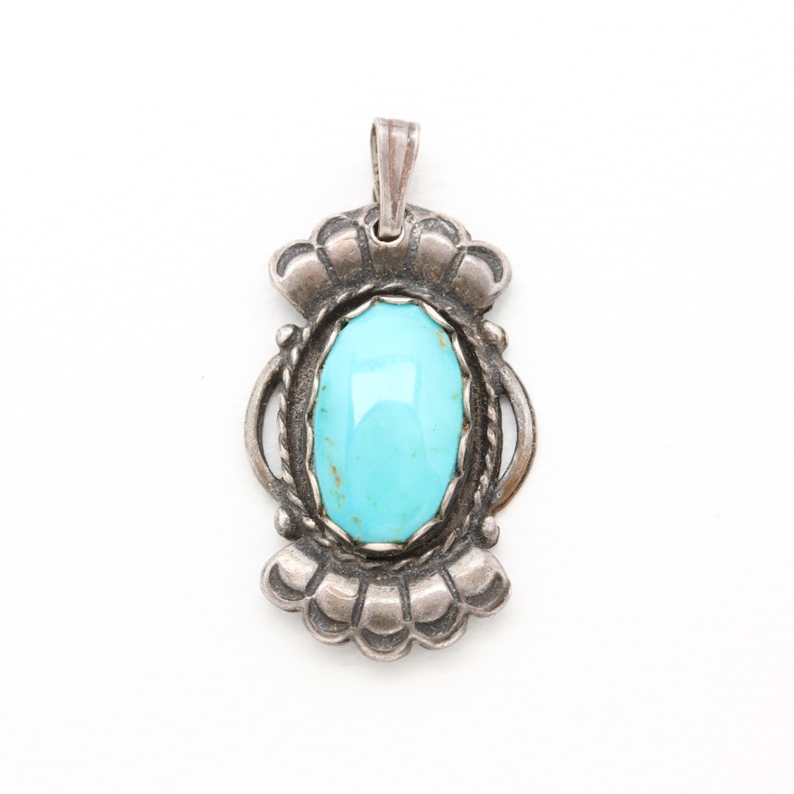 Vintage Southwest Style Sterling Silver Turquoise Pendant