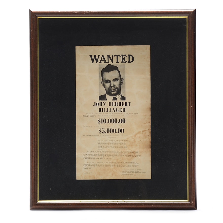 Framed Reproduction of a John Dillinger Wanted Poster