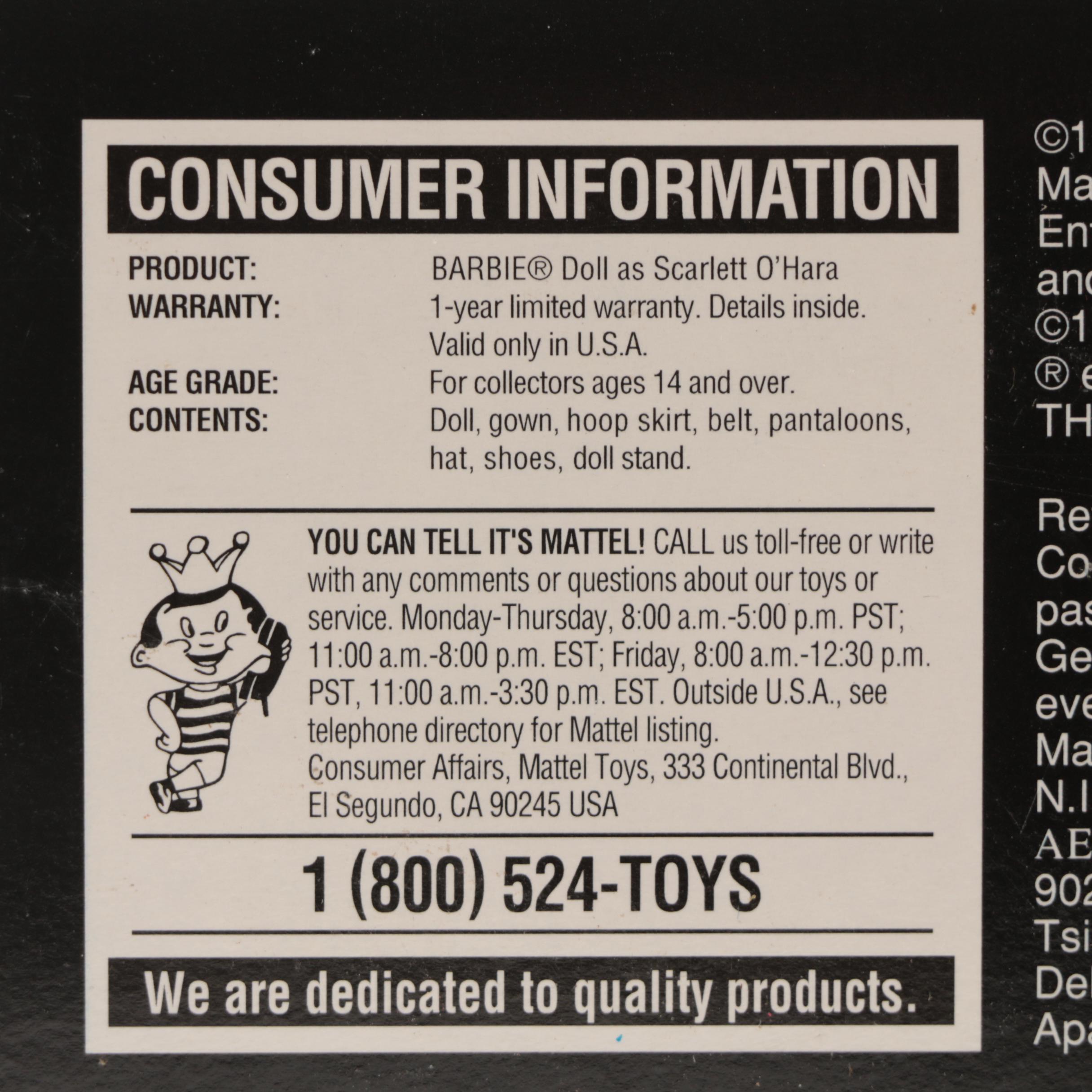 Mattel "Hollywood Legends Collection" Barbie Dolls as Scarlett O'Hara