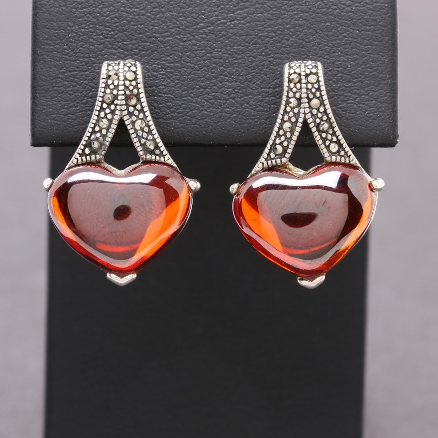 Sterling Silver Garnet and Marcasite Heart Earrings