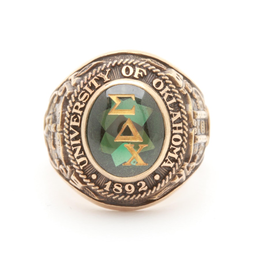 Vintage 10K Yellow Gold Synthetic Green Spinel University of Oklahoma Class Ring