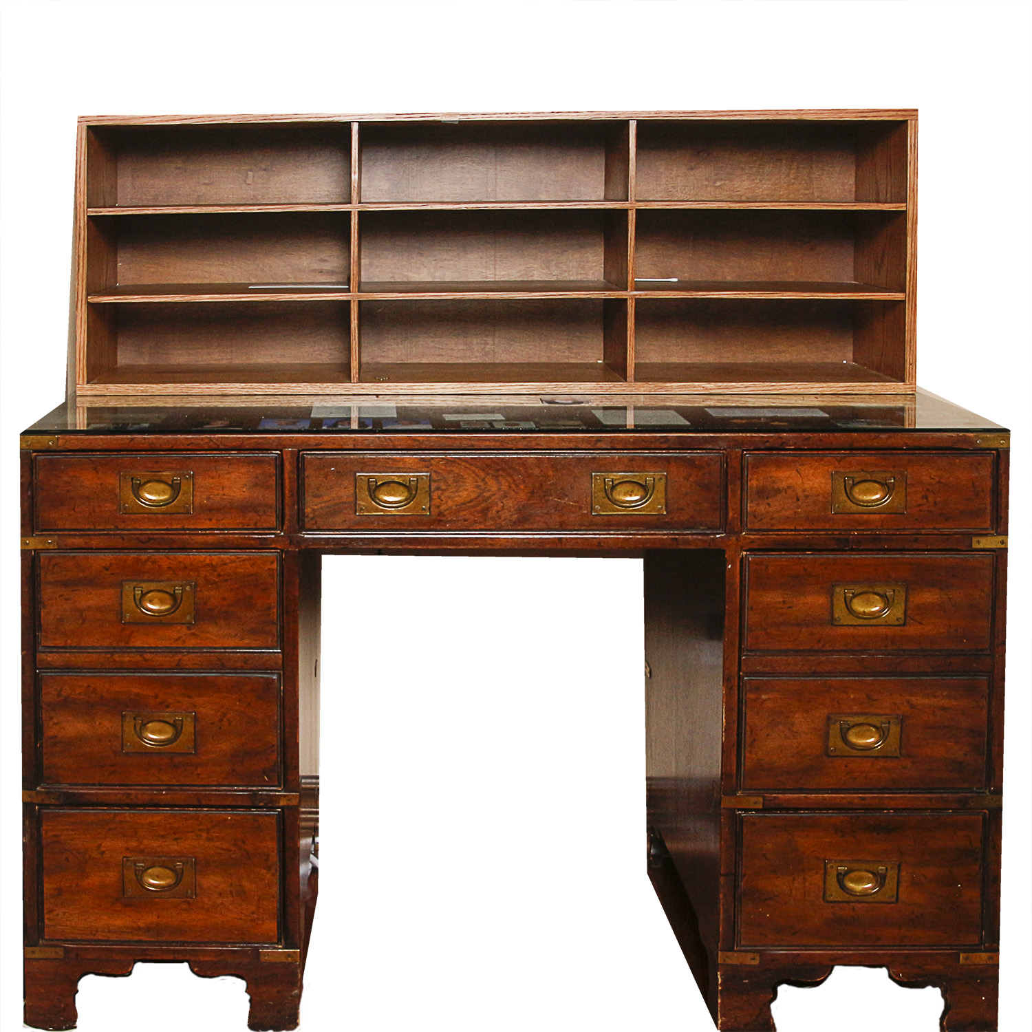 Vintage Campaign Style Kneehole Desk by Heritage with Oak Shelving Unit