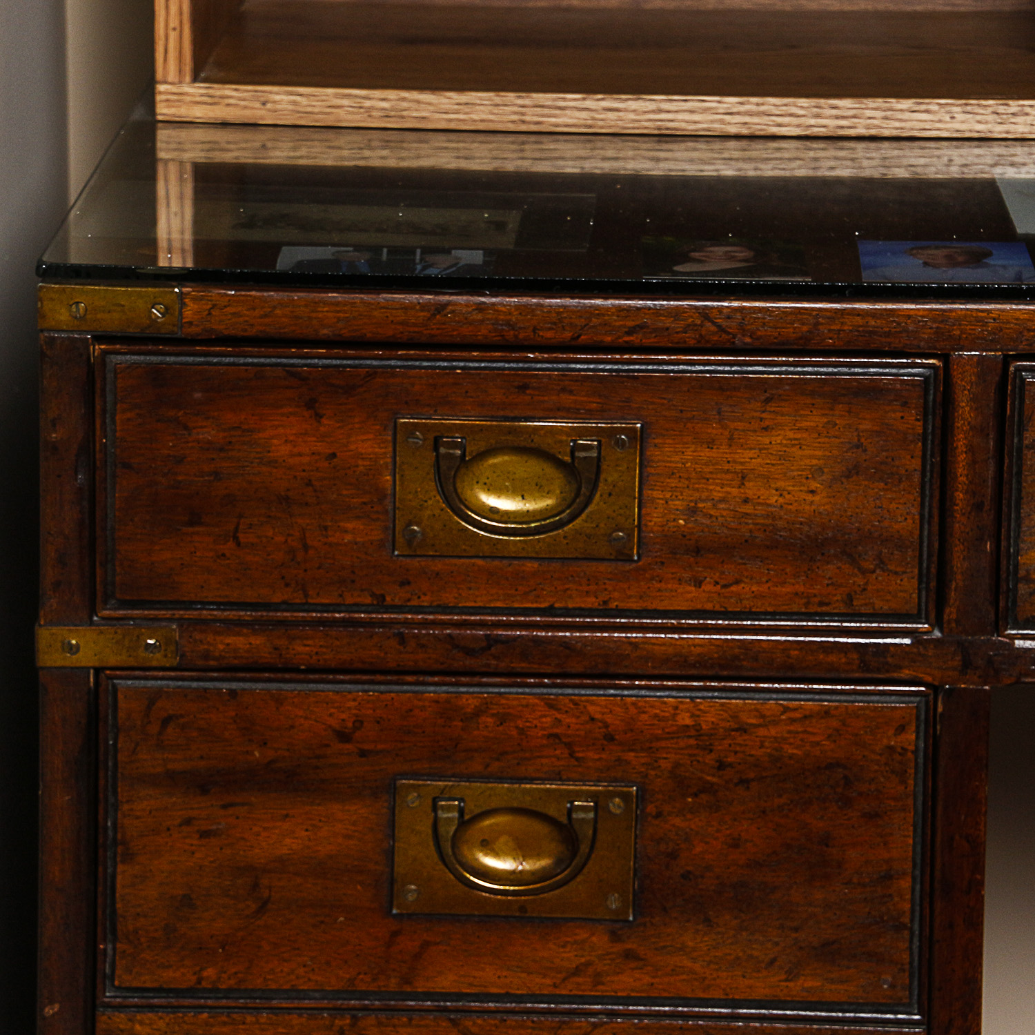 Vintage Campaign Style Kneehole Desk by Heritage with Oak Shelving Unit
