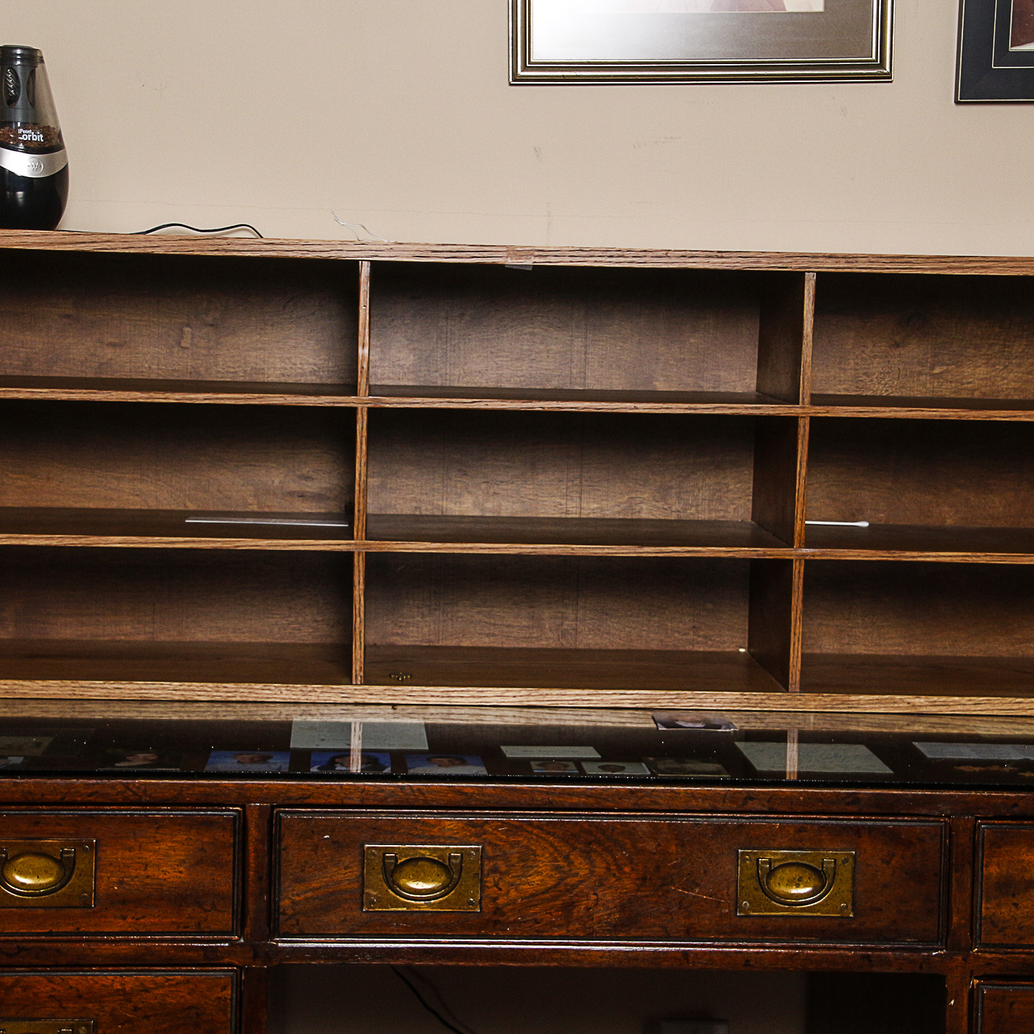 Vintage Campaign Style Kneehole Desk by Heritage with Oak Shelving Unit